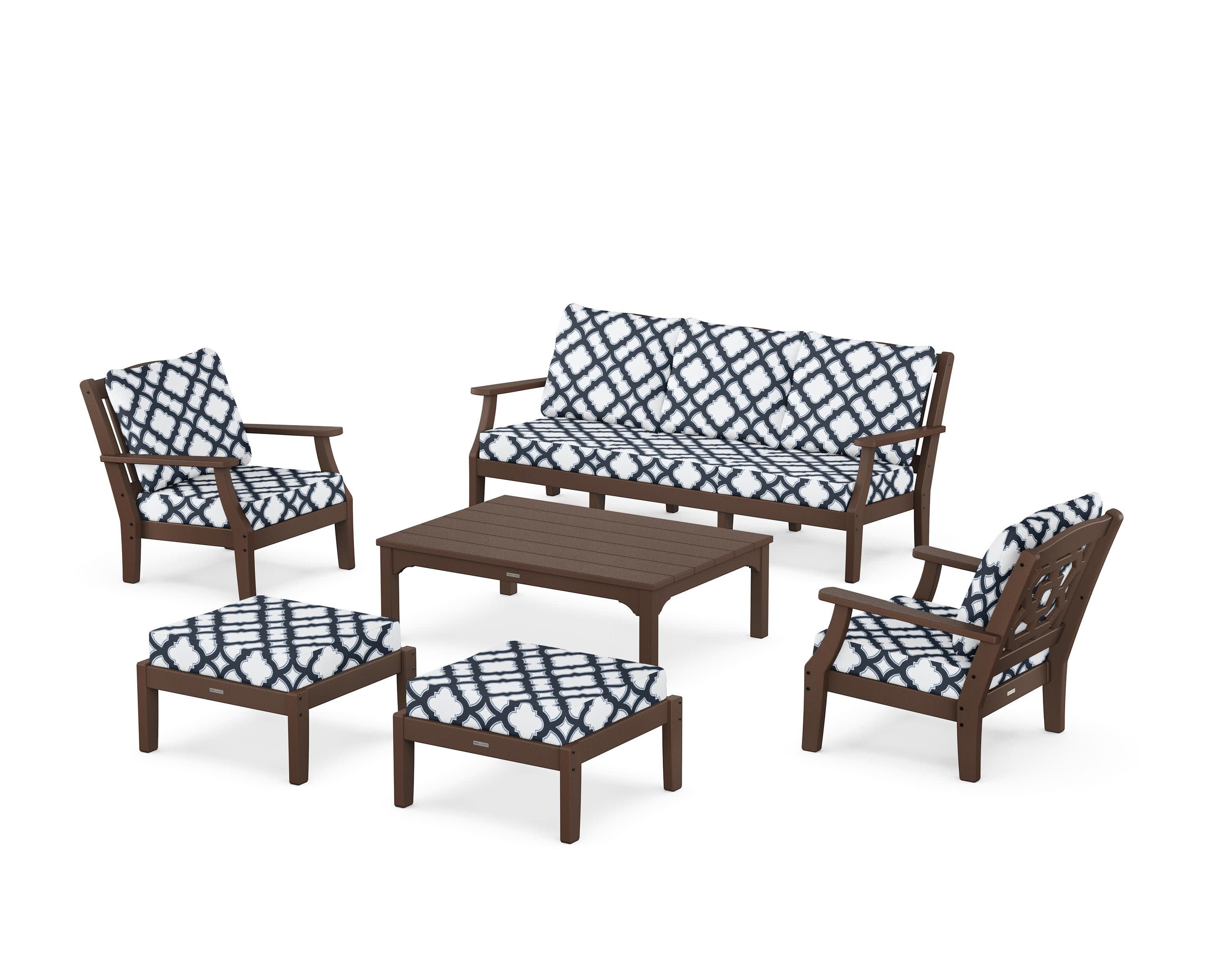 Chinoiserie 6-Piece Lounge Sofa Set in Mahogany / Trellis Marine Indigo