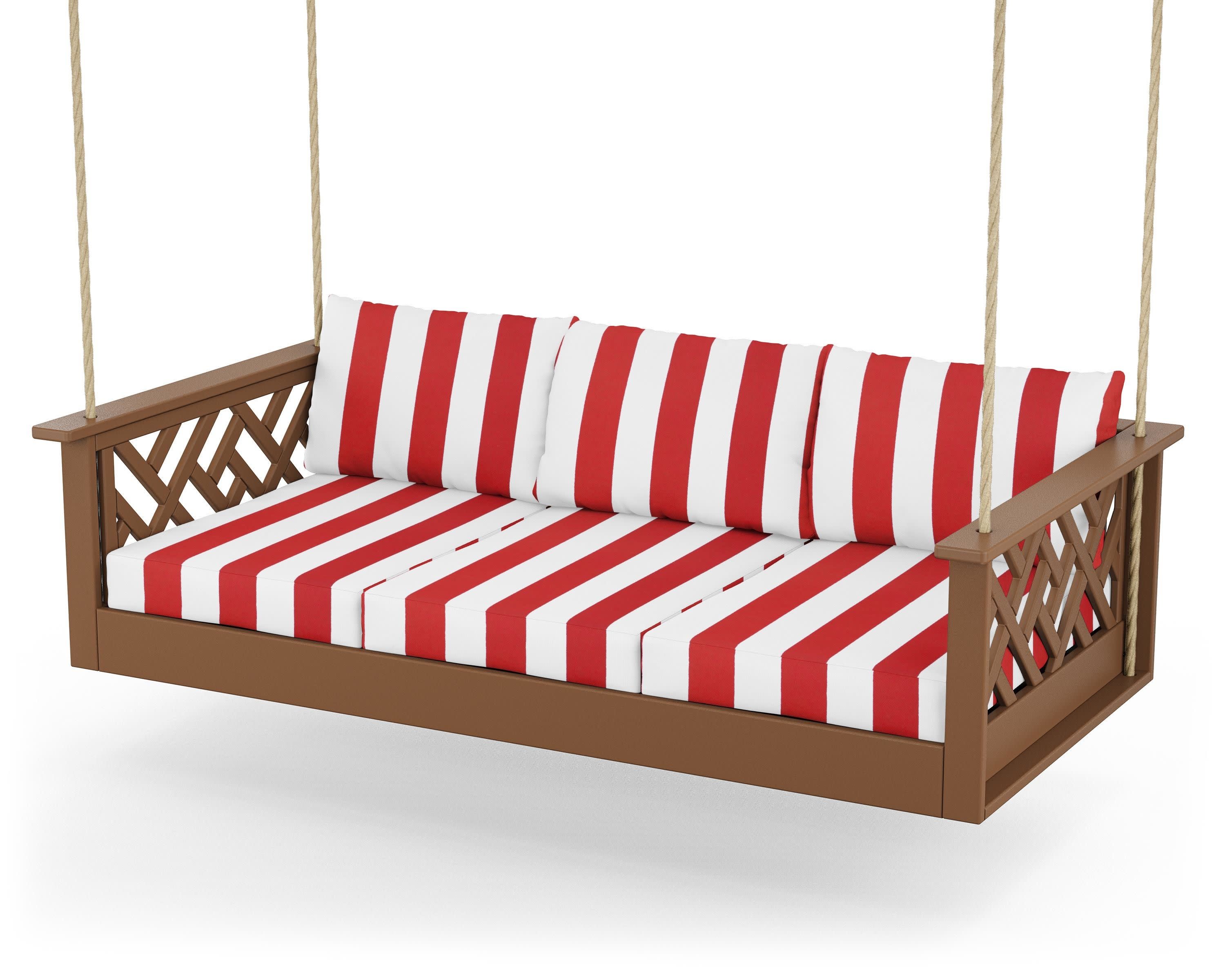 Chippendale Daybed Swing in Teak / Cabana Stripe Crimson