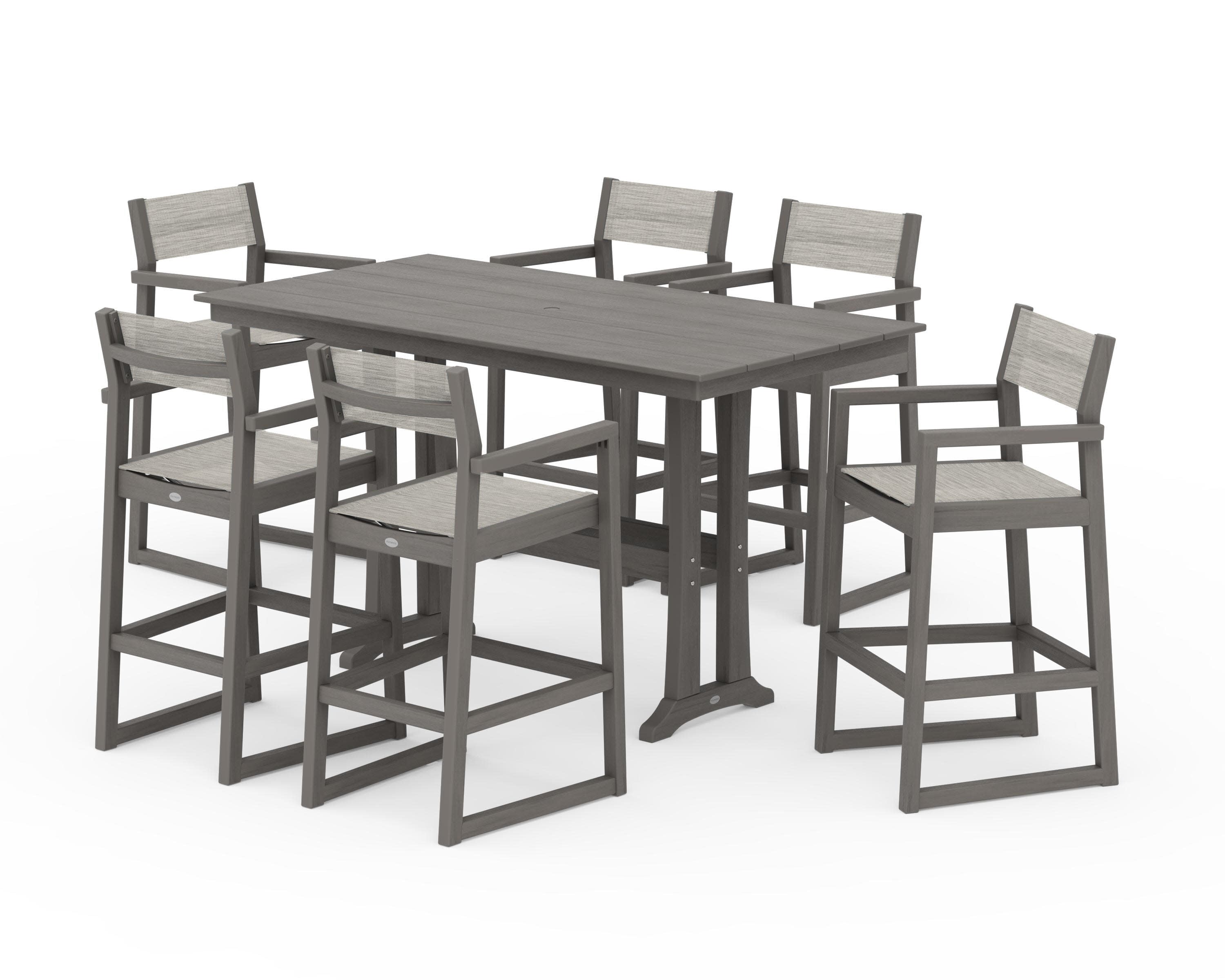 EDGE Sling Arm Chair 7-Piece Farmhouse Bar Set with Trestle Legs in Driftwood / Birch Sling