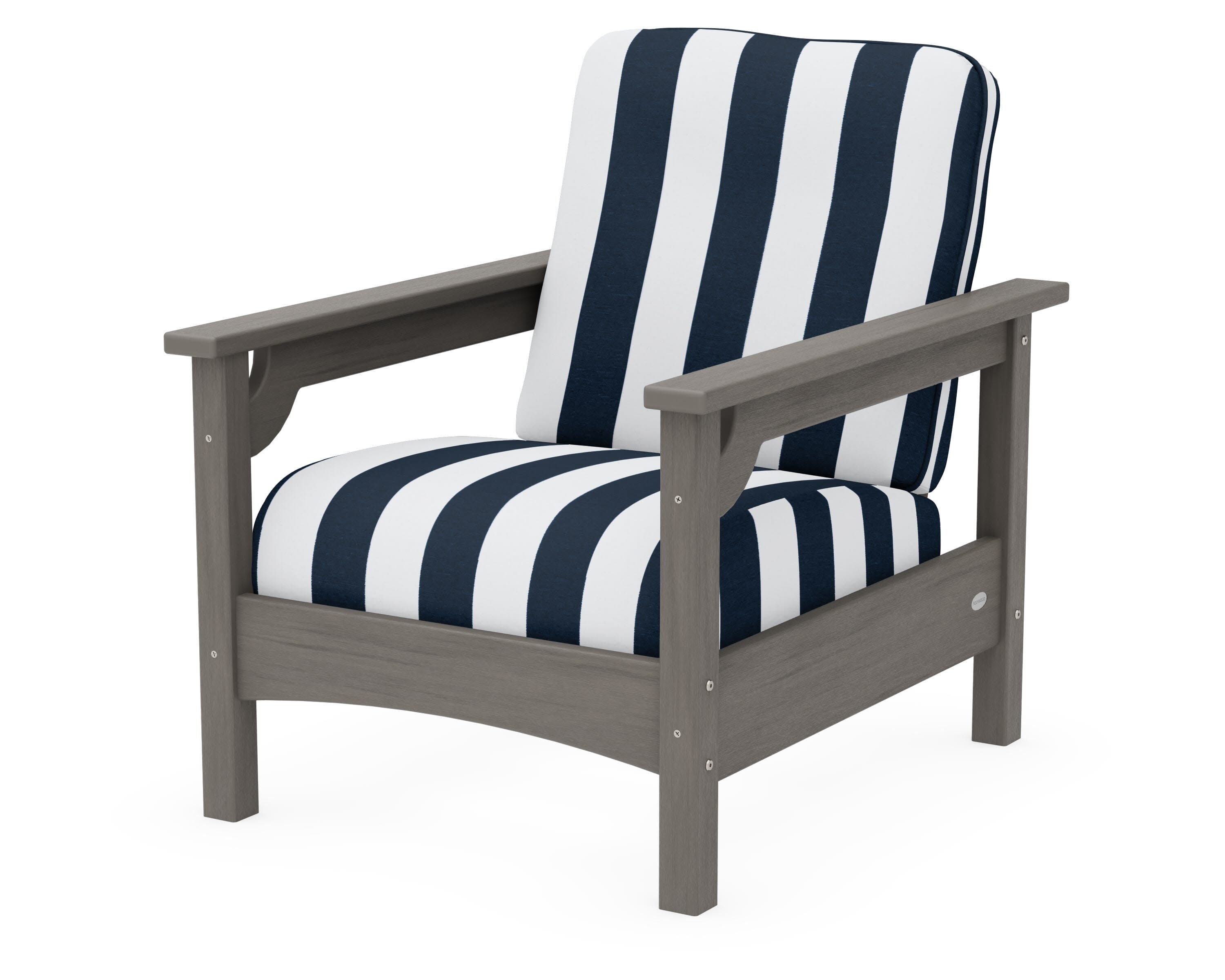 Club Chair in Driftwood / Cabana Stripe Marine Indigo