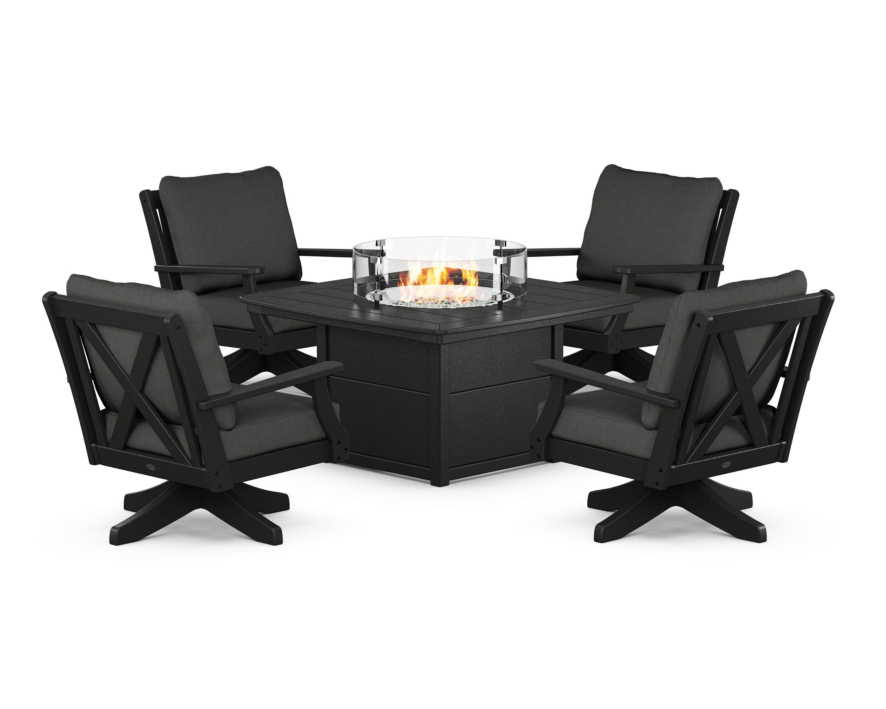 Braxton 5-Piece Deep Seating Swivel Conversation Set with Fire Pit Table in Black / Spectrum Carbon