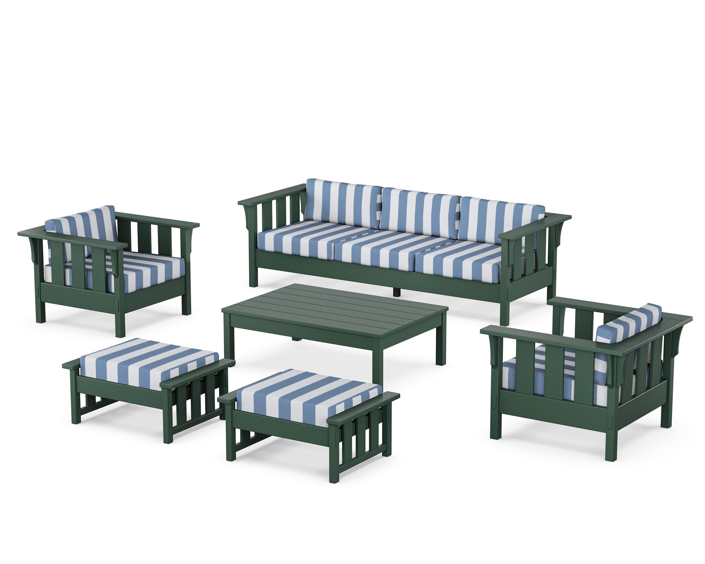 Acadia 6-Piece Lounge Sofa Set in Green / Cabana Stripe Sky Blue