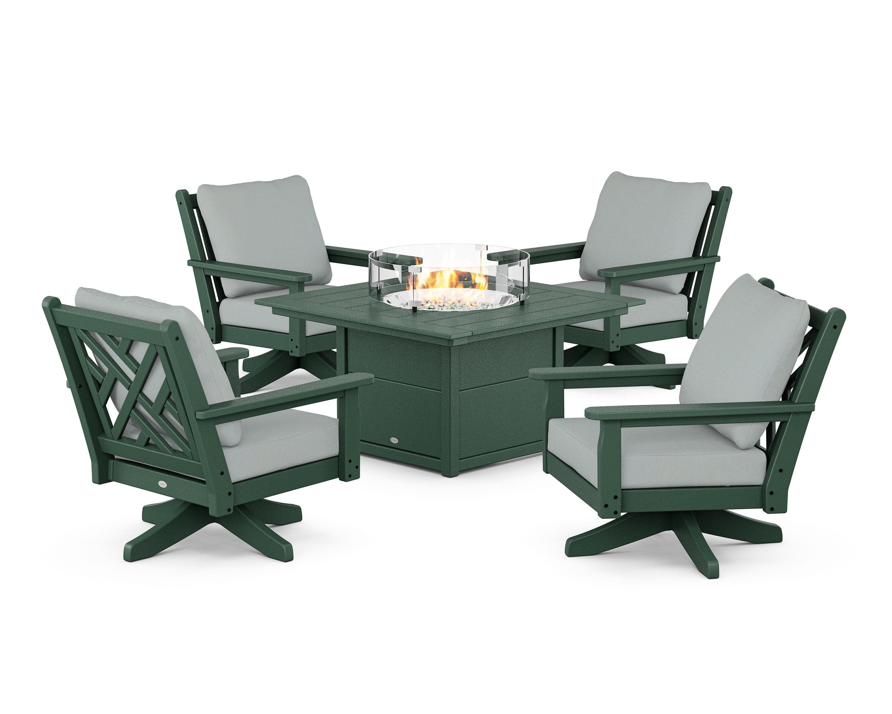 Chippendale 5-Piece Deep Seating Swivel Conversation Set with Fire Pit Table in Green / Spa