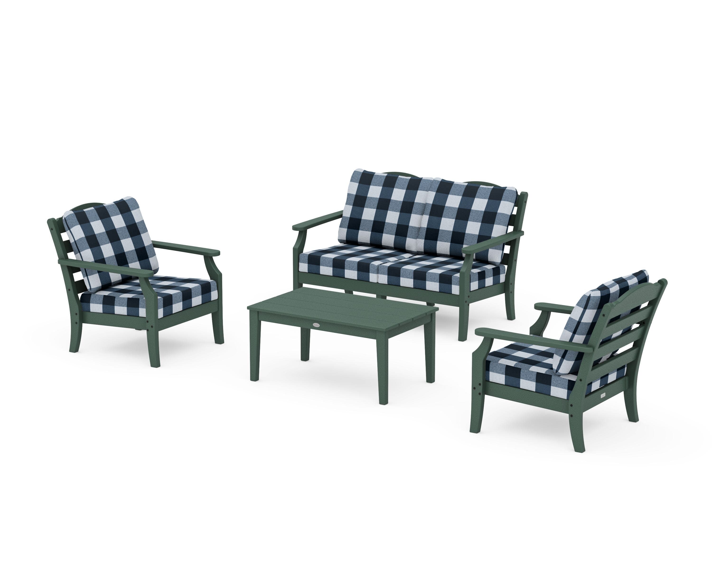 Savannah 4-Piece Deep Seating Set with Loveseat in Green / Buffalo Plaid Marine Indigo