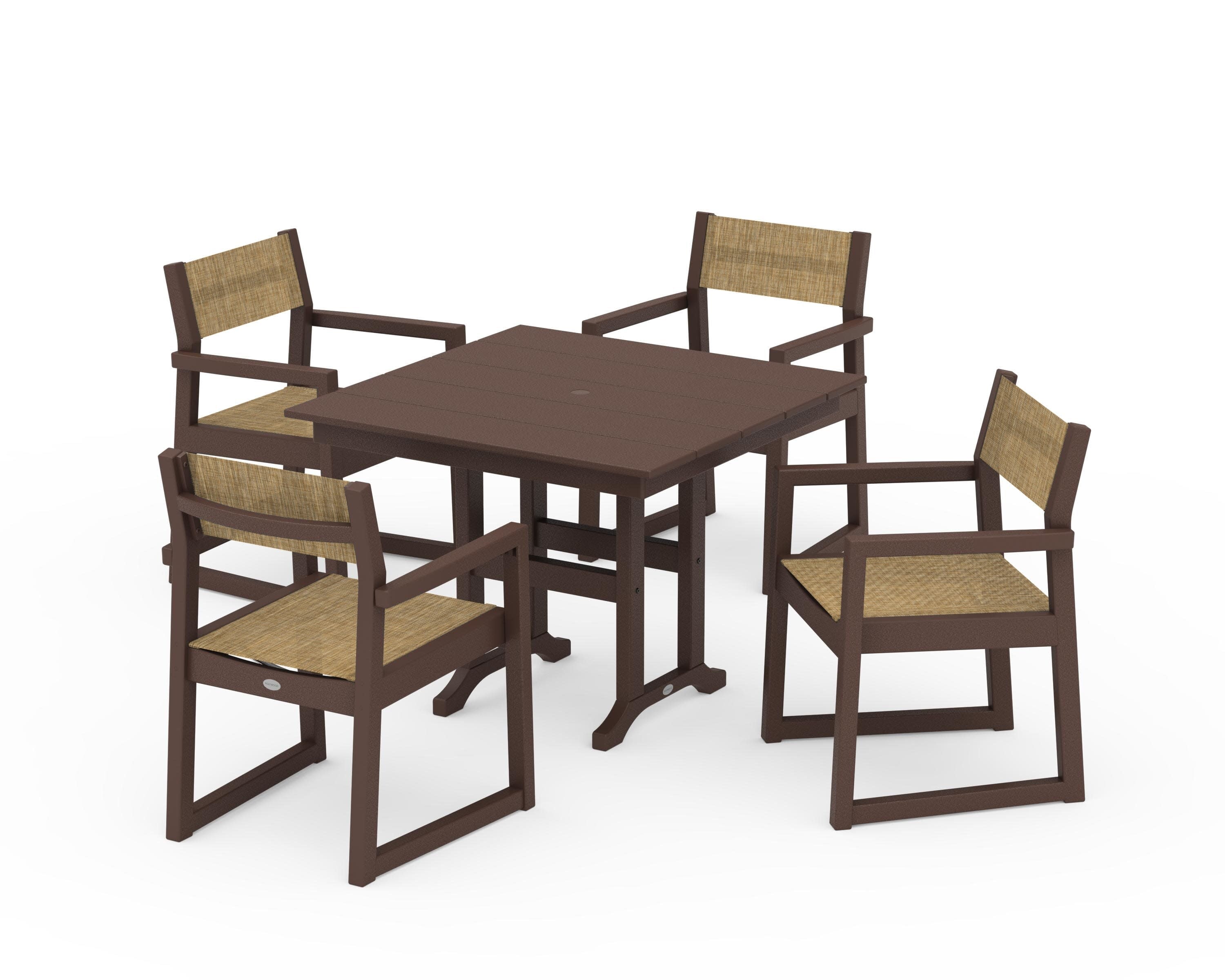 EDGE Sling Arm Chair 5-Piece Farmhouse Dining Set in Mahogany / Burlap Sling
