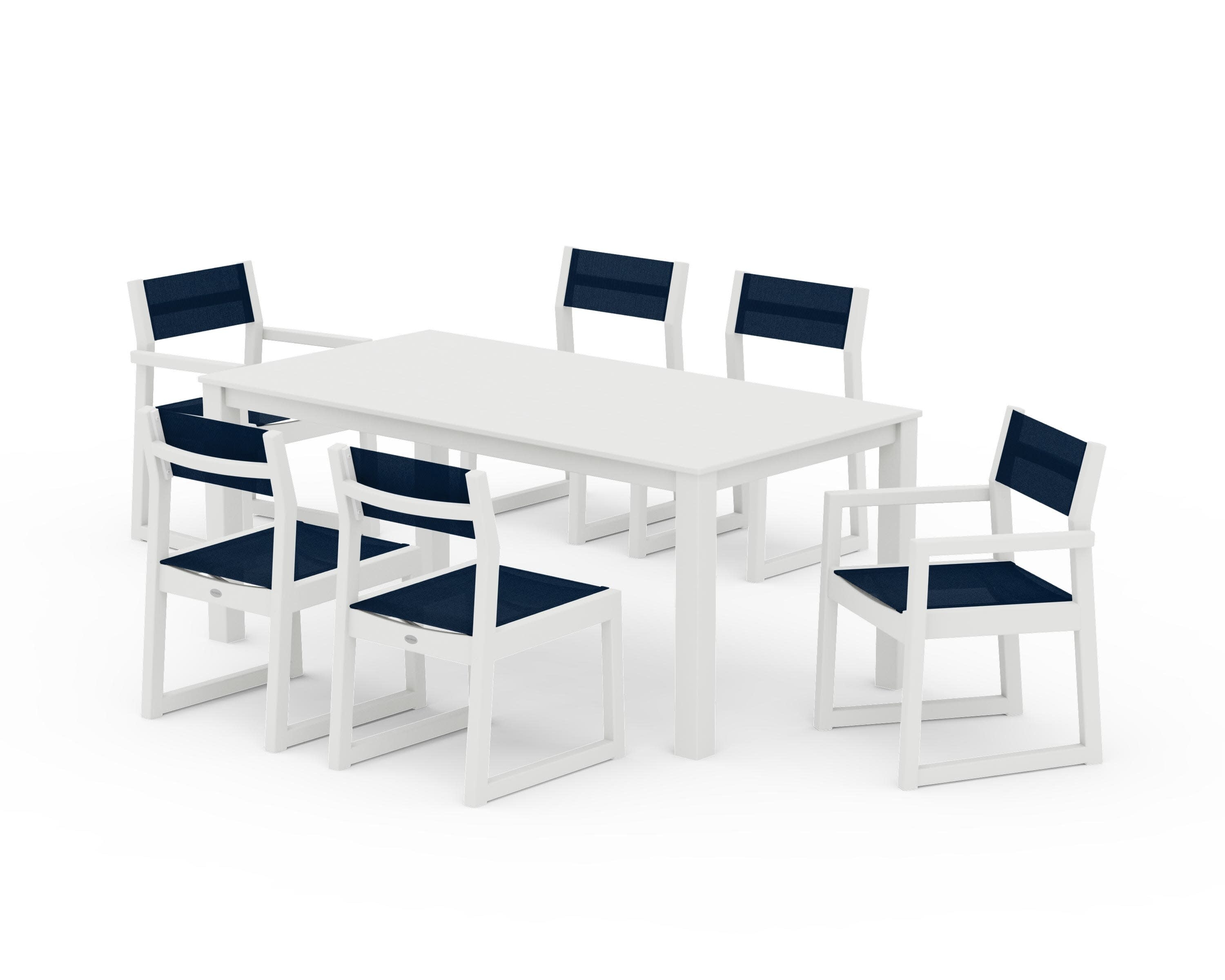 EDGE Sling 7-Piece Parsons Dining Set in Vintage White / Navy Blue Sling