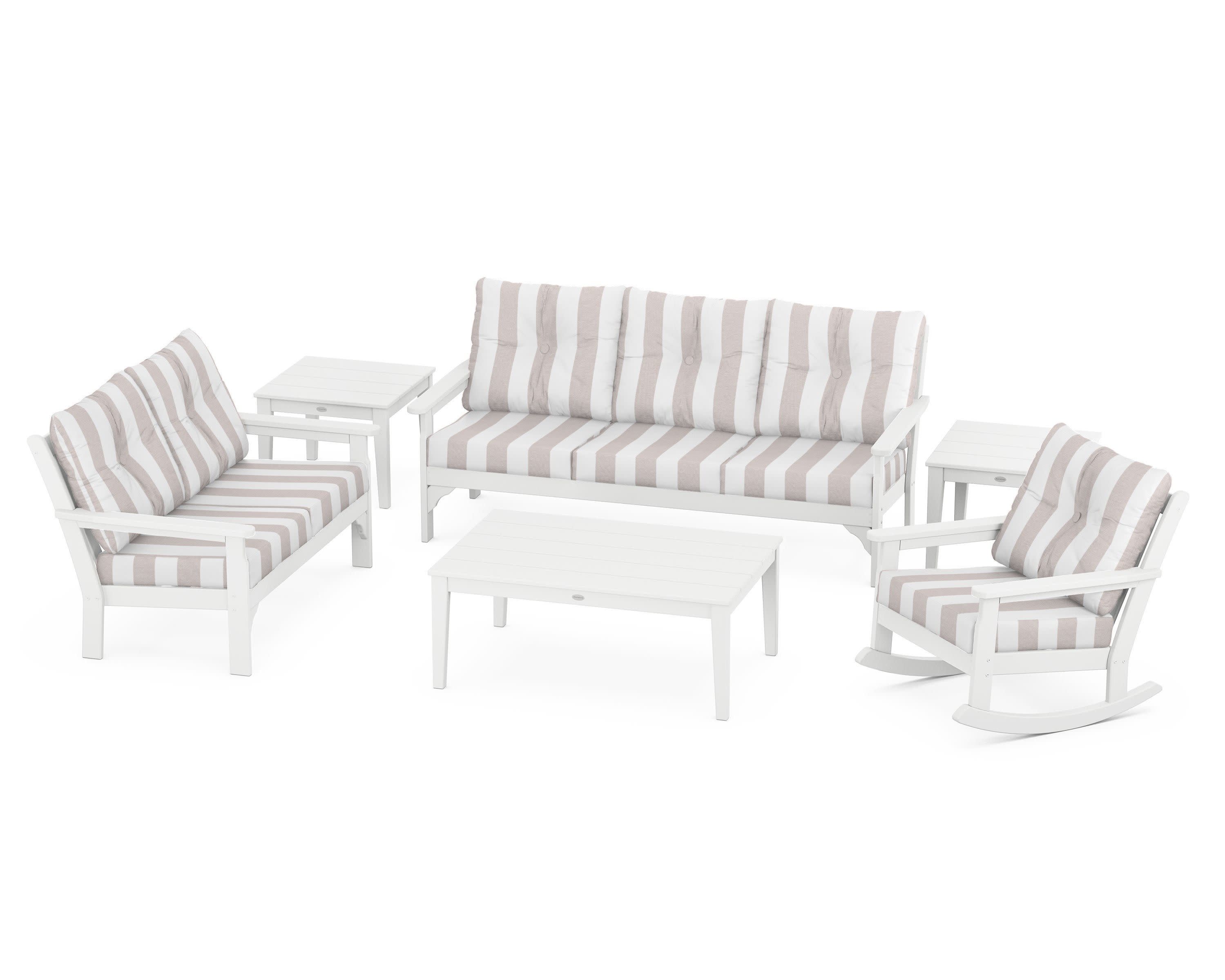 Vineyard 6-Piece Deep Seating Set in White / Cabana Stripe Dune Burlap