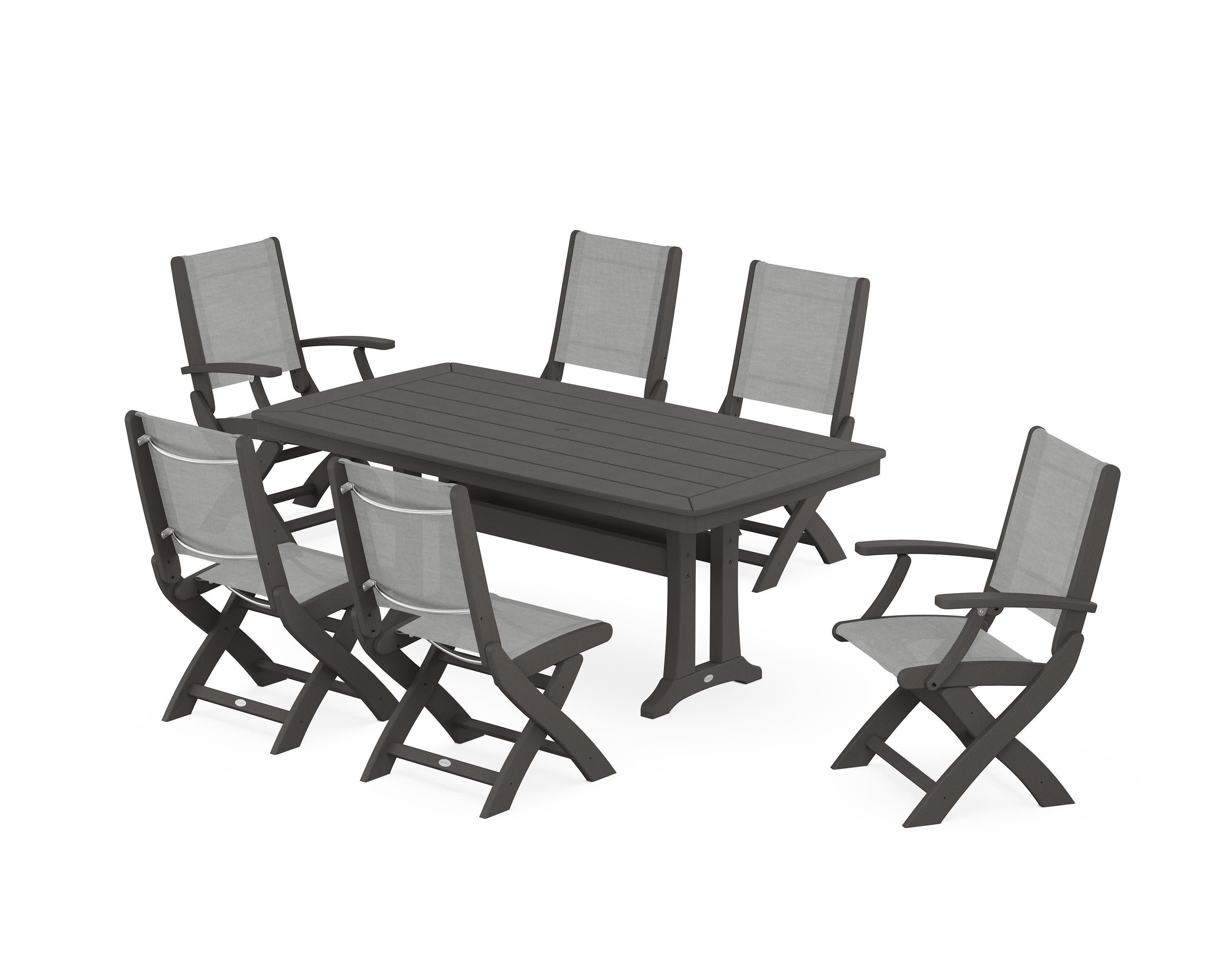 Coastal Folding Chair 7-Piece Dining Set with Trestle Legs in Vintage Coffee / Metallic Sling