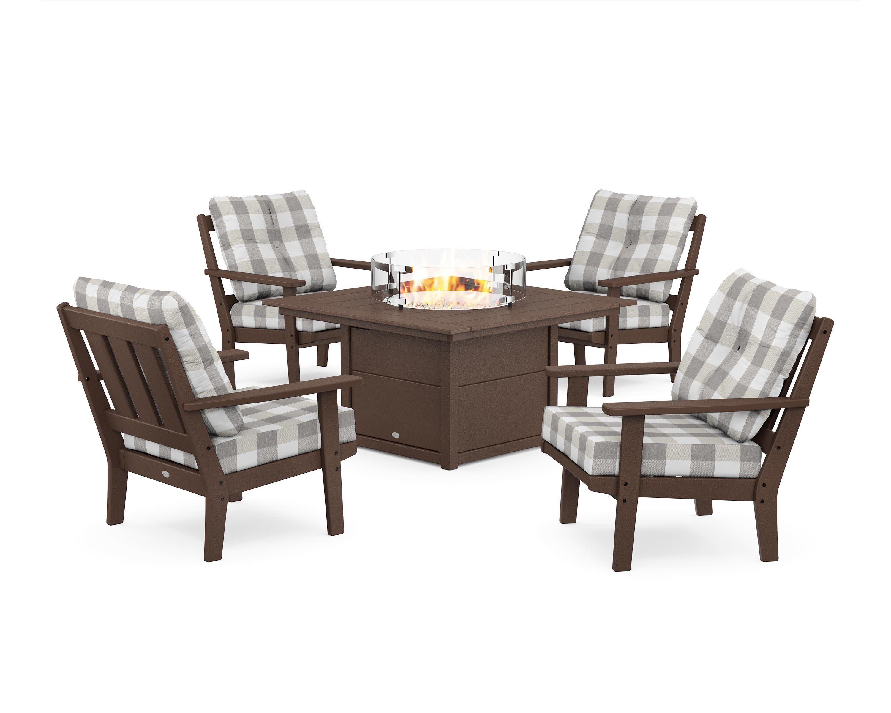 Oxford 5-Piece Deep Seating Set with Fire Pit Table in Mahogany / Buffalo Plaid Grey Mist