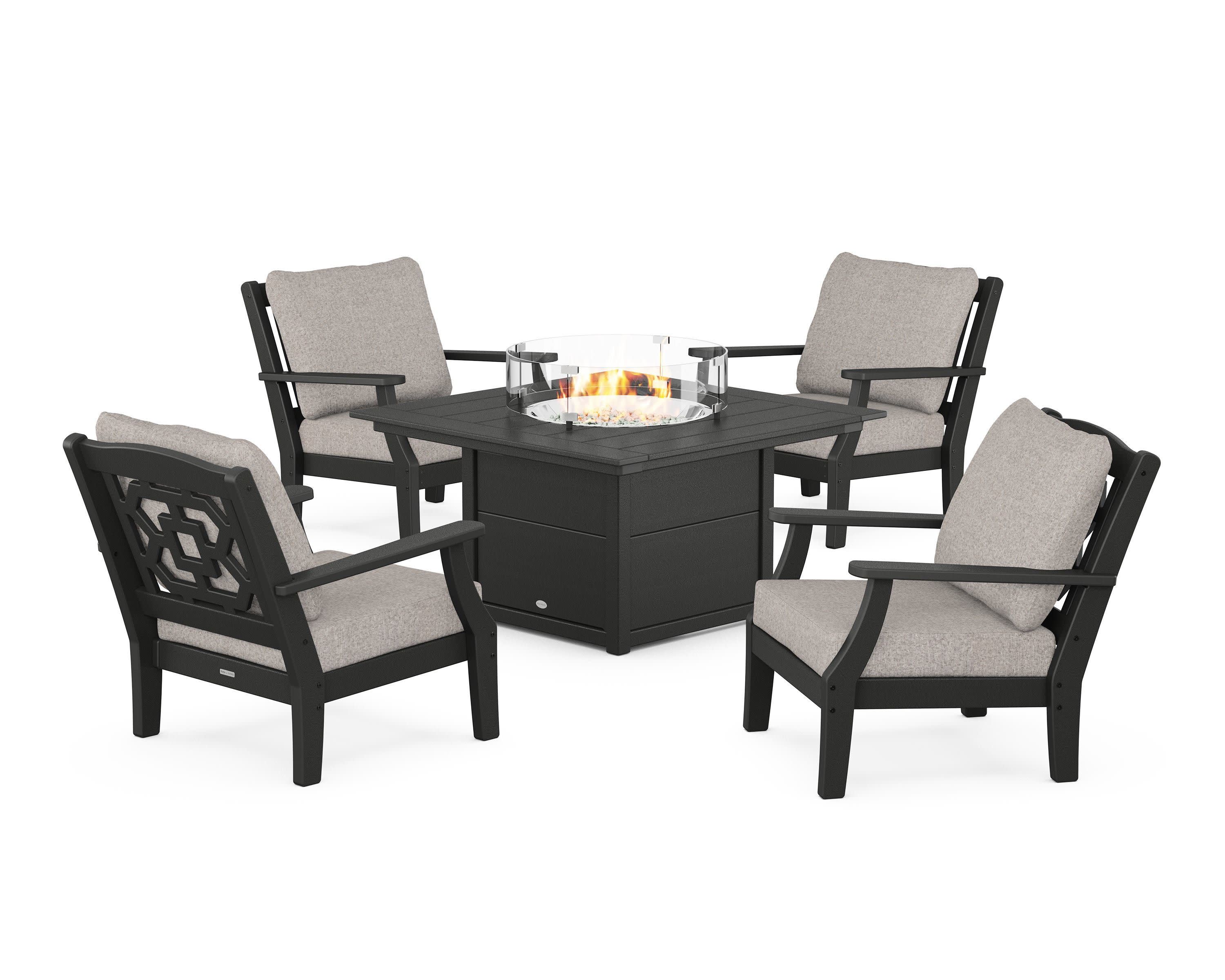 Chinoiserie 5-Piece Deep Seating Set with Fire Pit Table in Black / Weathered Tweed
