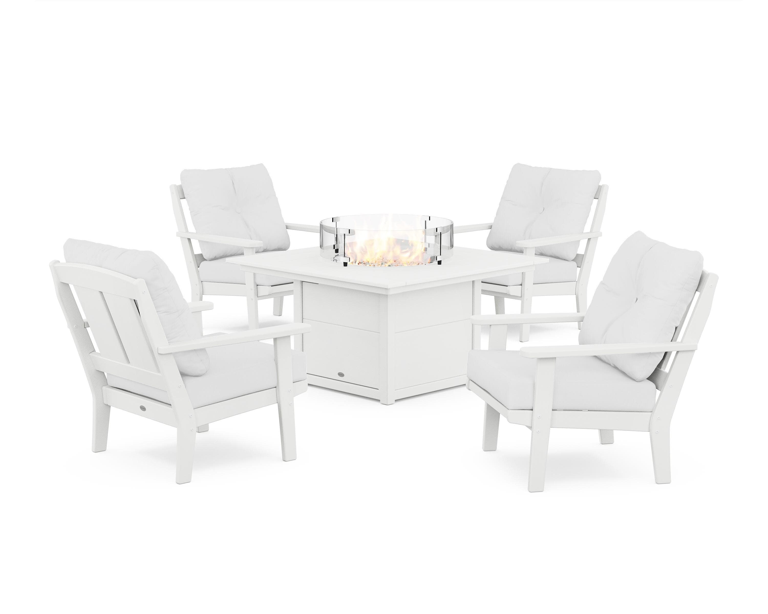 Mission 5-Piece Deep Seating Set with Fire Pit Table in White / Natural