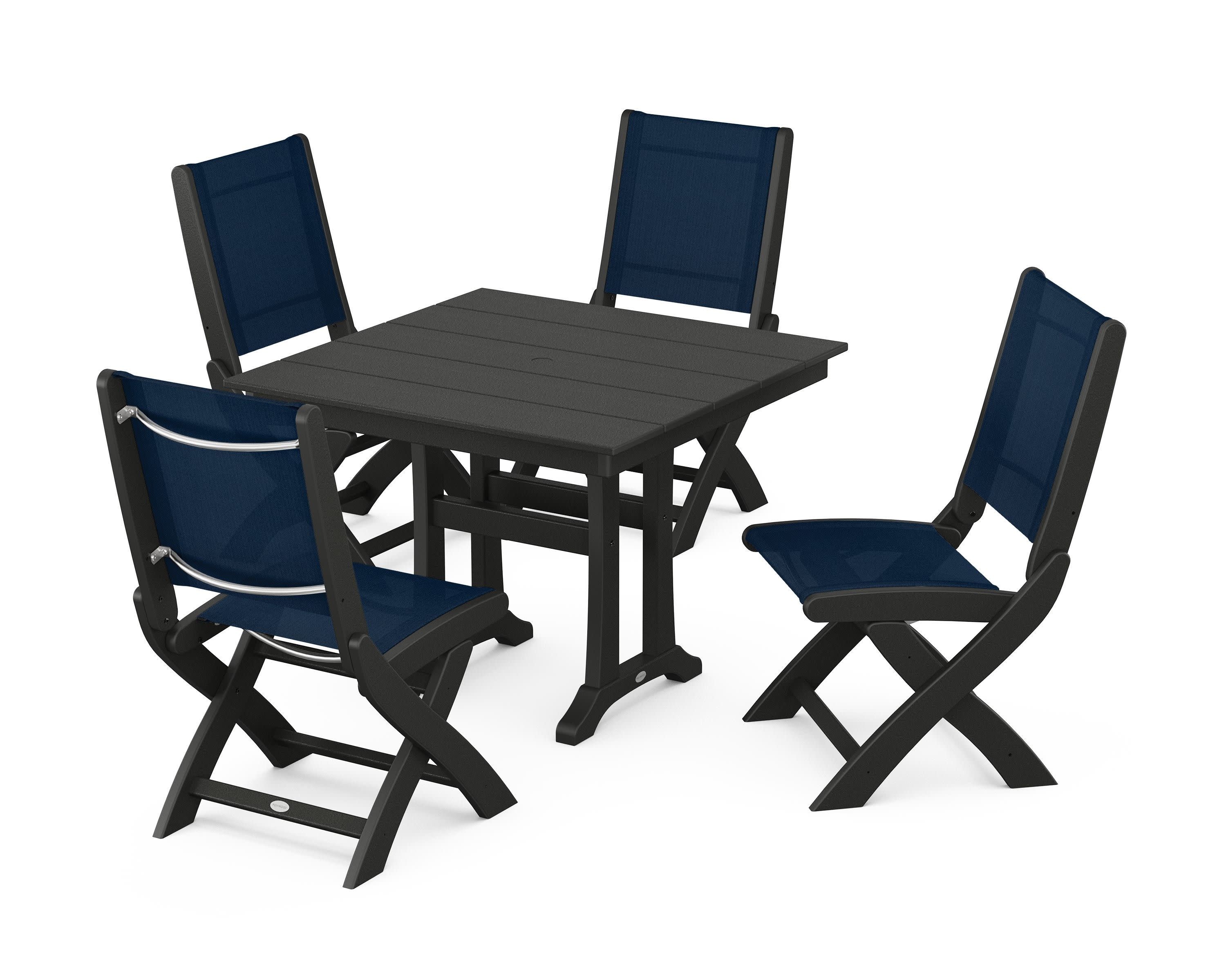 Coastal Folding Side Chair 5-Piece Farmhouse Dining Set With Trestle Legs in Black / Navy Blue Sling