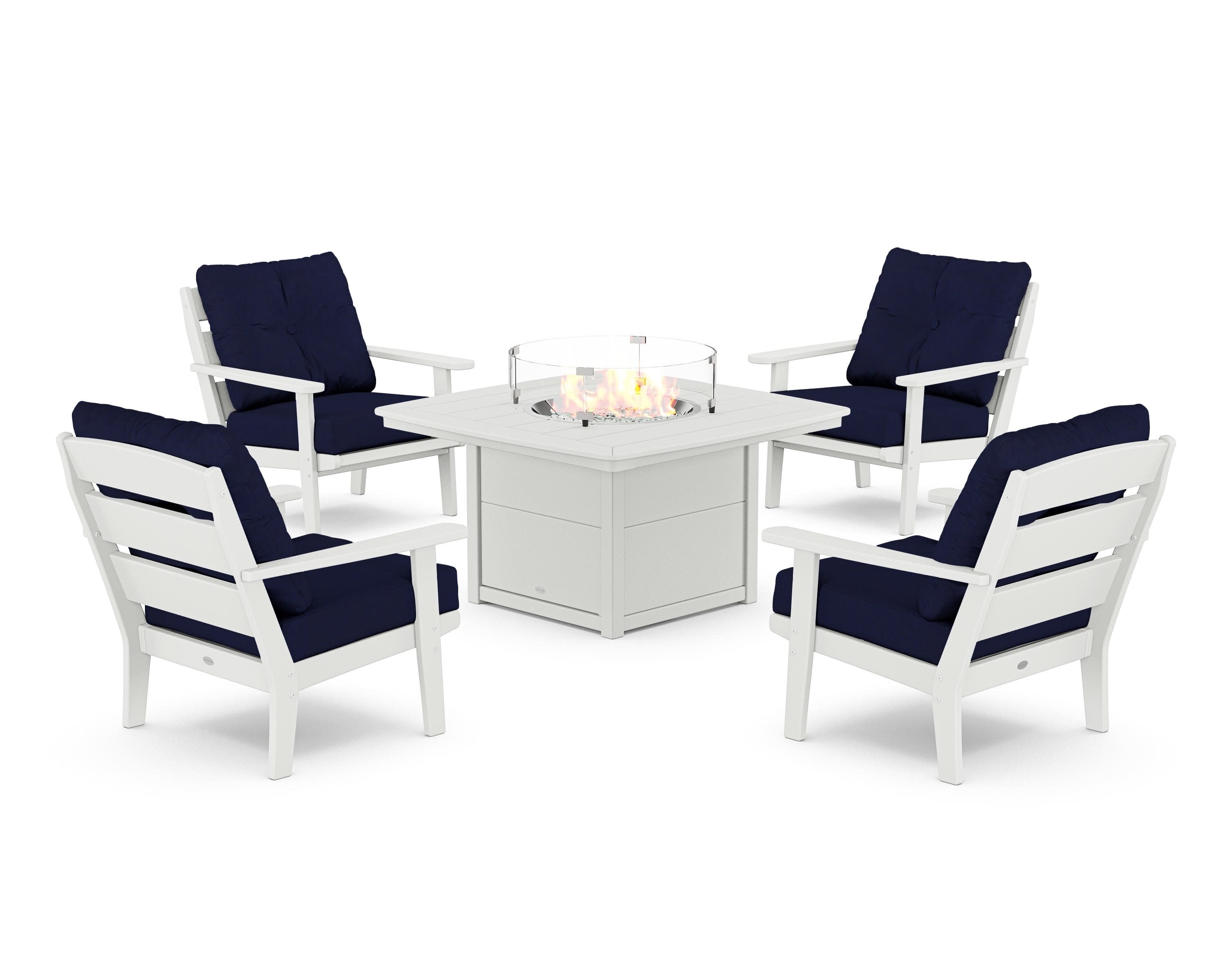 Lakeside 5-Piece Deep Seating Set with Nautical Fire Pit Table in White / Navy