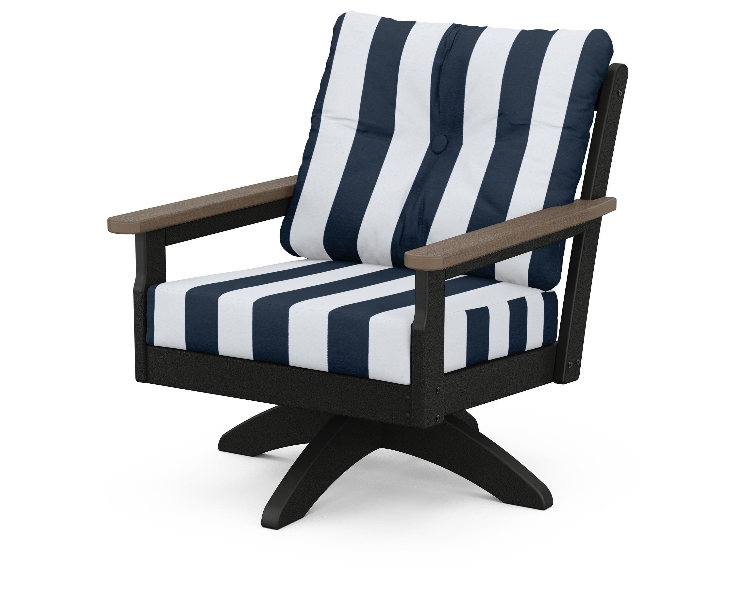 Vineyard Deep Seating Swivel Chair in Black / Kona / Cabana Stripe Marine Indigo