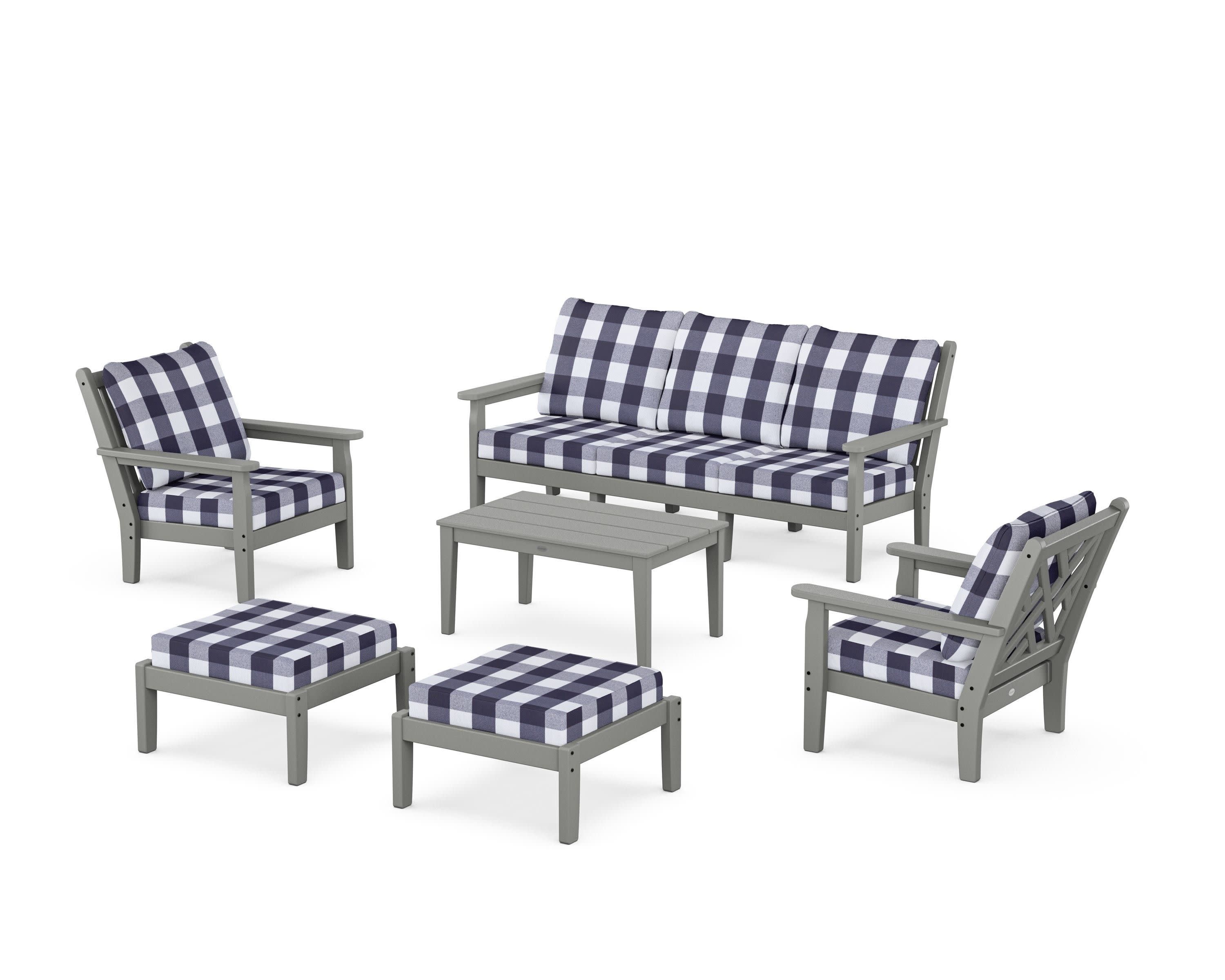 Chippendale 6-Piece Lounge Sofa Set in Slate Grey / Buffalo Plaid Navy