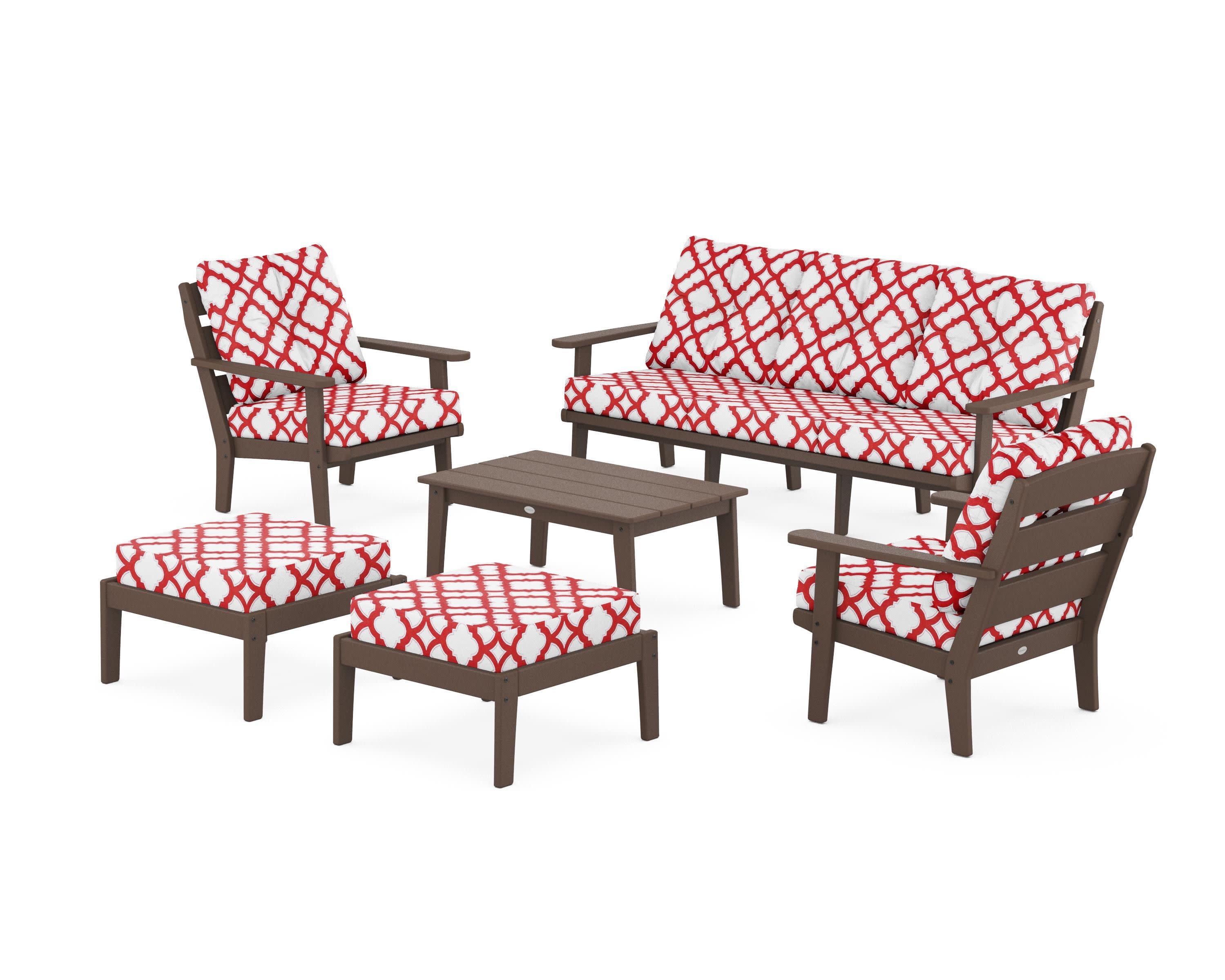 Lakeside 6-Piece Lounge Sofa Set in Mahogany / Trellis Crimson