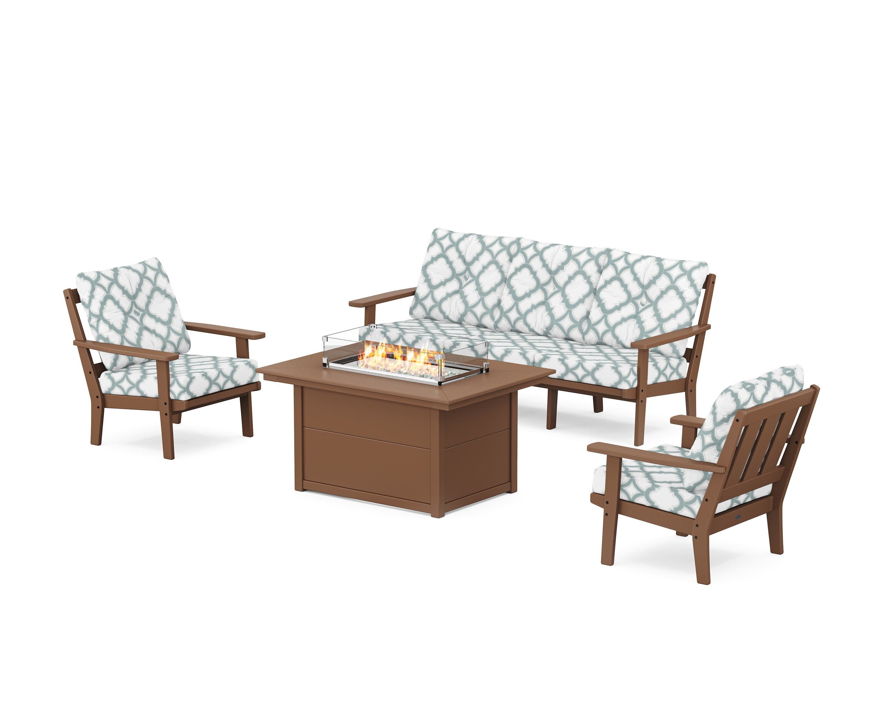 Oxford Deep Seating Fire Pit Table Set in Teak / Trellis Glacier Spa