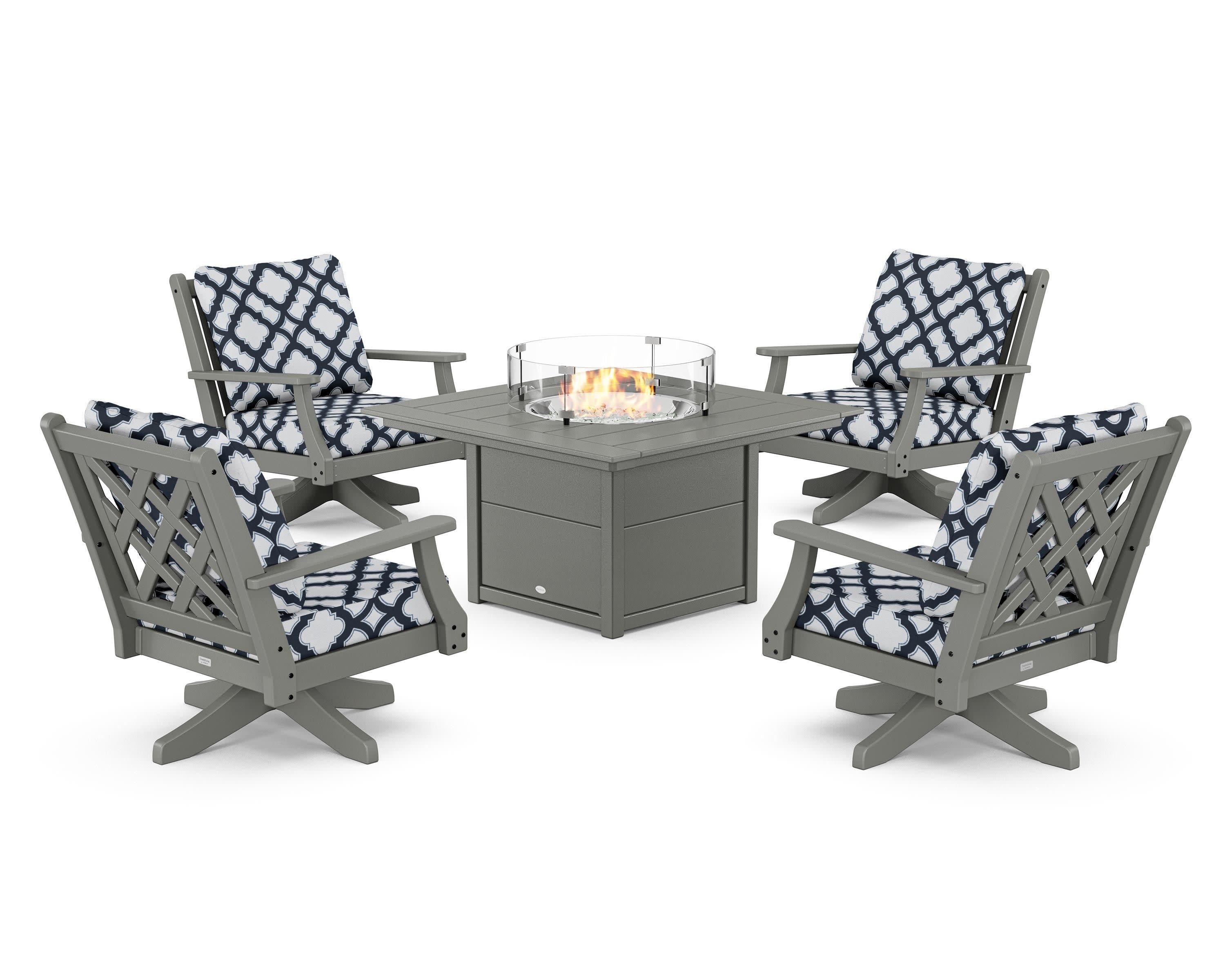 Wovendale 5-Piece Deep Seating Swivel Conversation Set with Fire Pit Table in Slate Grey / Trellis Marine Indigo