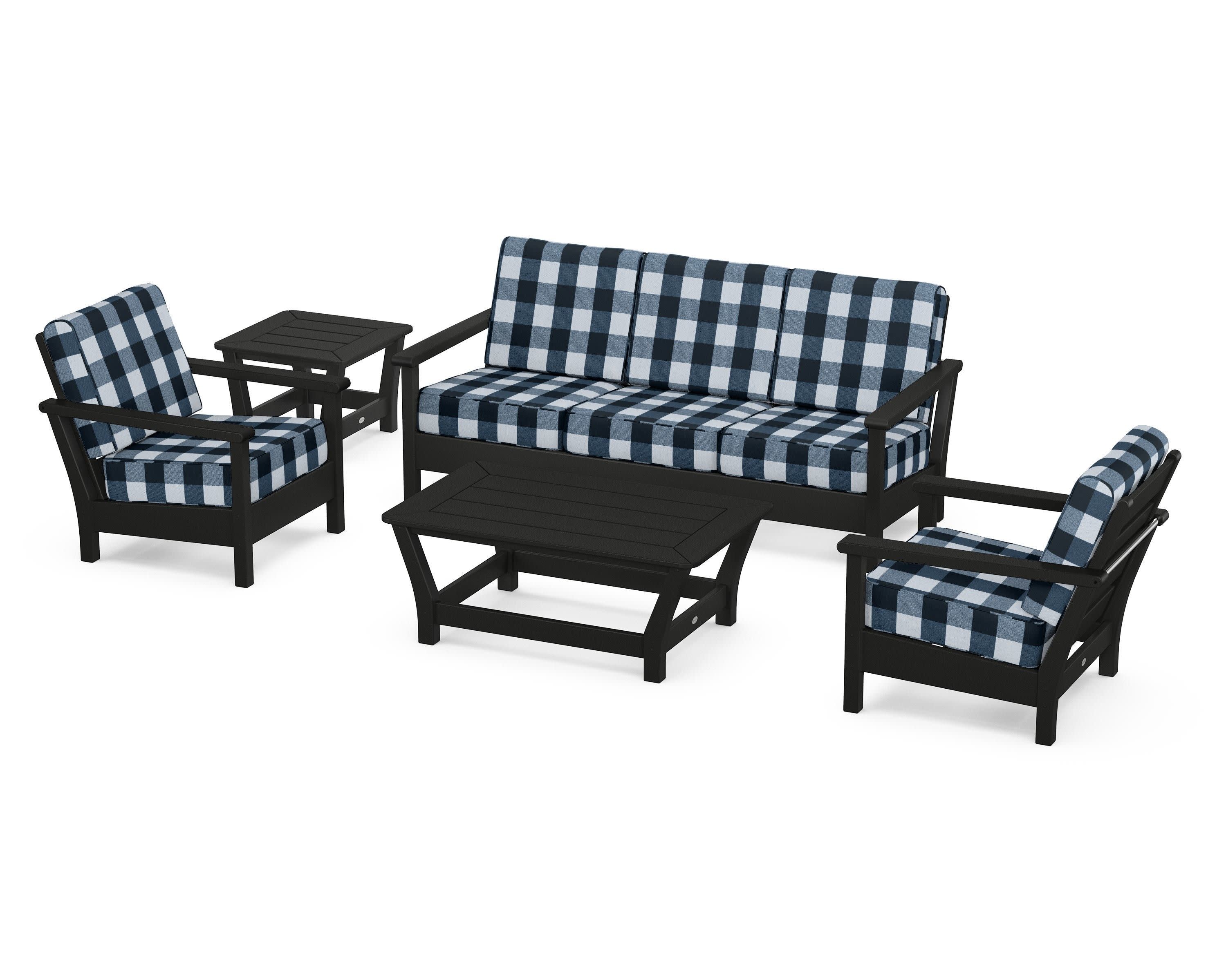 Harbour 5-Piece Deep Seating Set in Black / Buffalo Plaid Marine Indigo