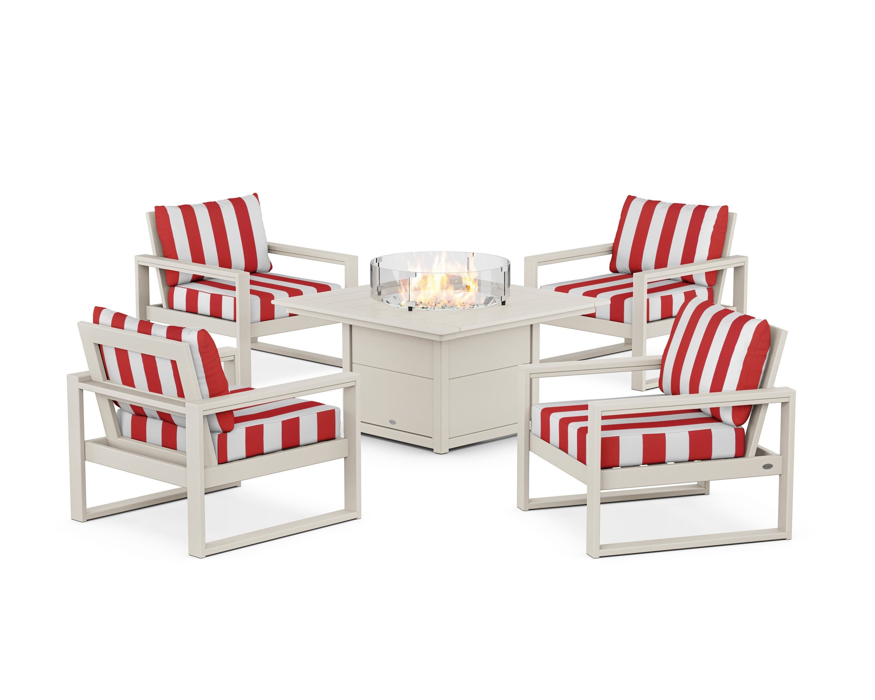 EDGE Sectional 5-Piece Deep Seating Set with Fire Pit Table in Sand / Cabana Stripe Crimson