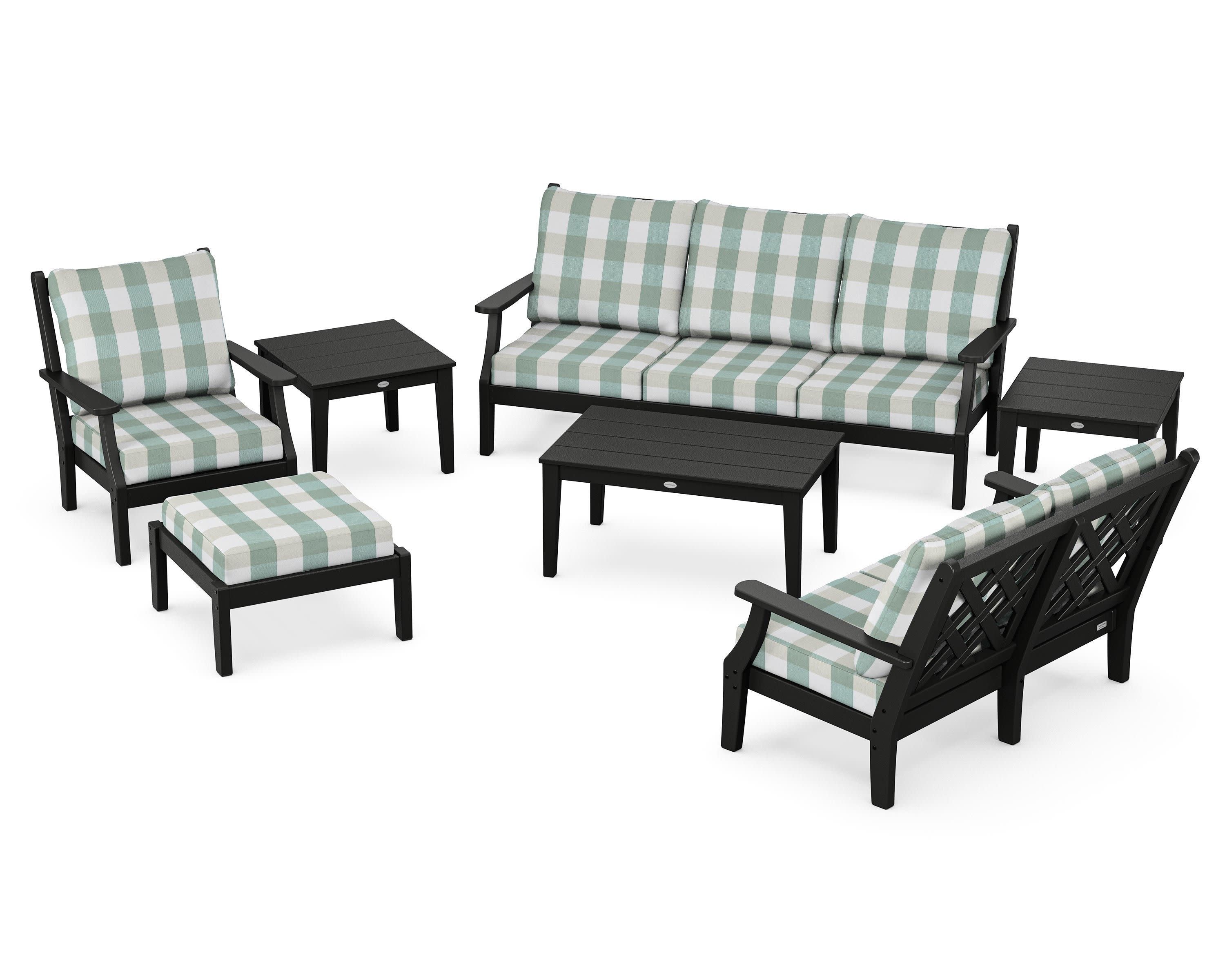 Wovendale 7-Piece Deep Seating Set in Black / Buffalo Plaid Glacier Spa