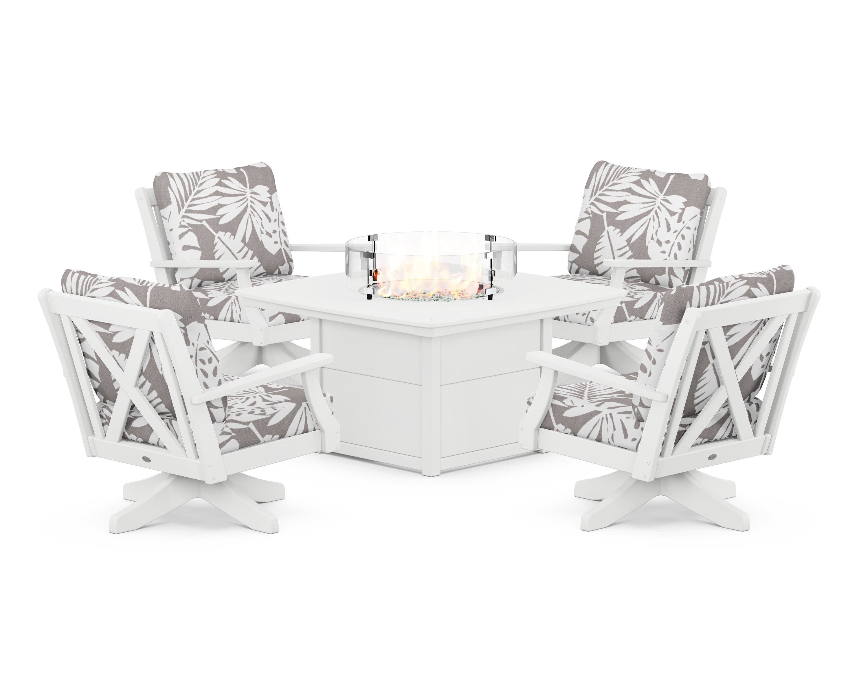 Braxton 5-Piece Deep Seating Swivel Conversation Set with Fire Pit Table in White / Leaf Grey Mist