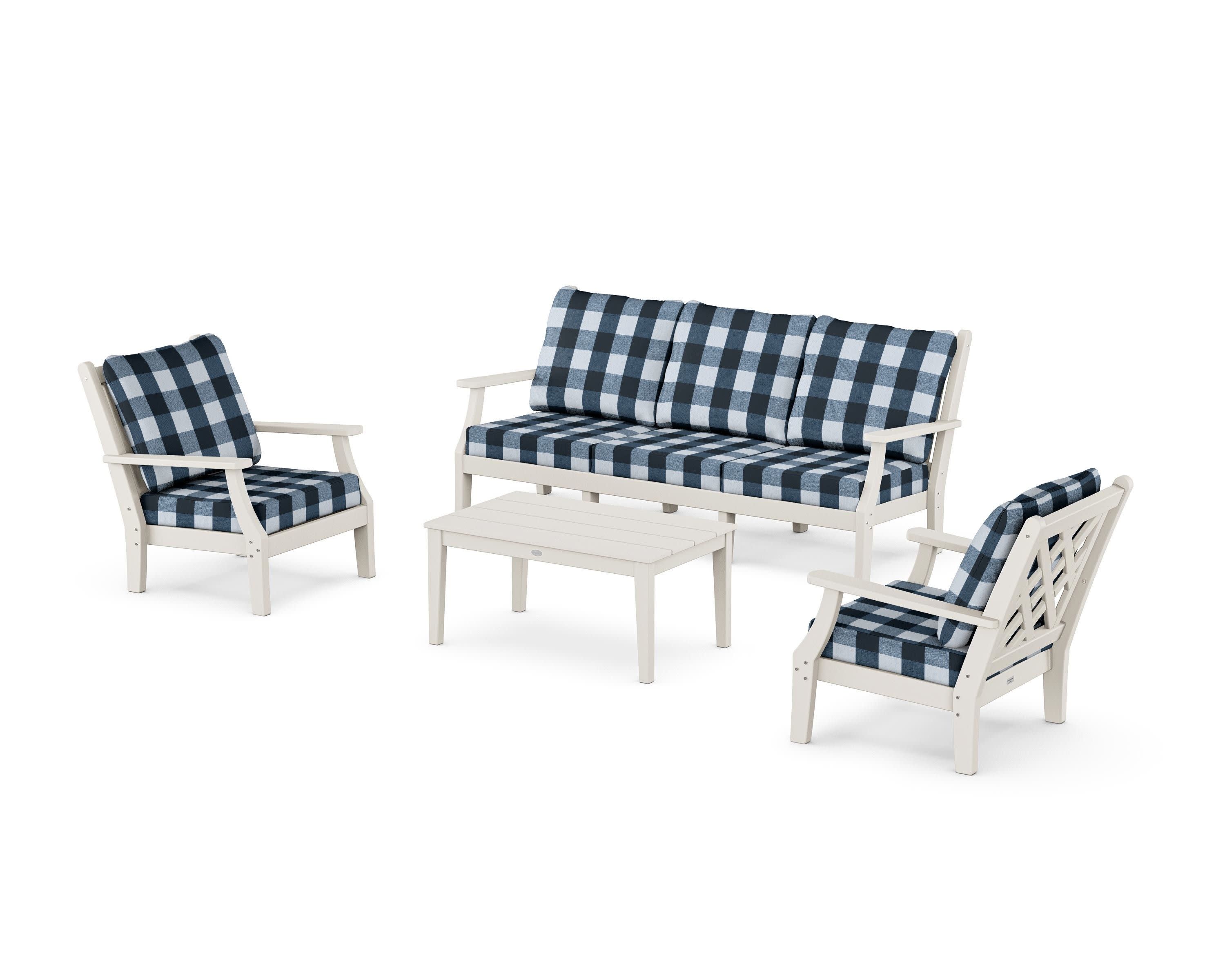 Wovendale 4-Piece Deep Seating Set with Sofa in Sand / Buffalo Plaid Marine Indigo