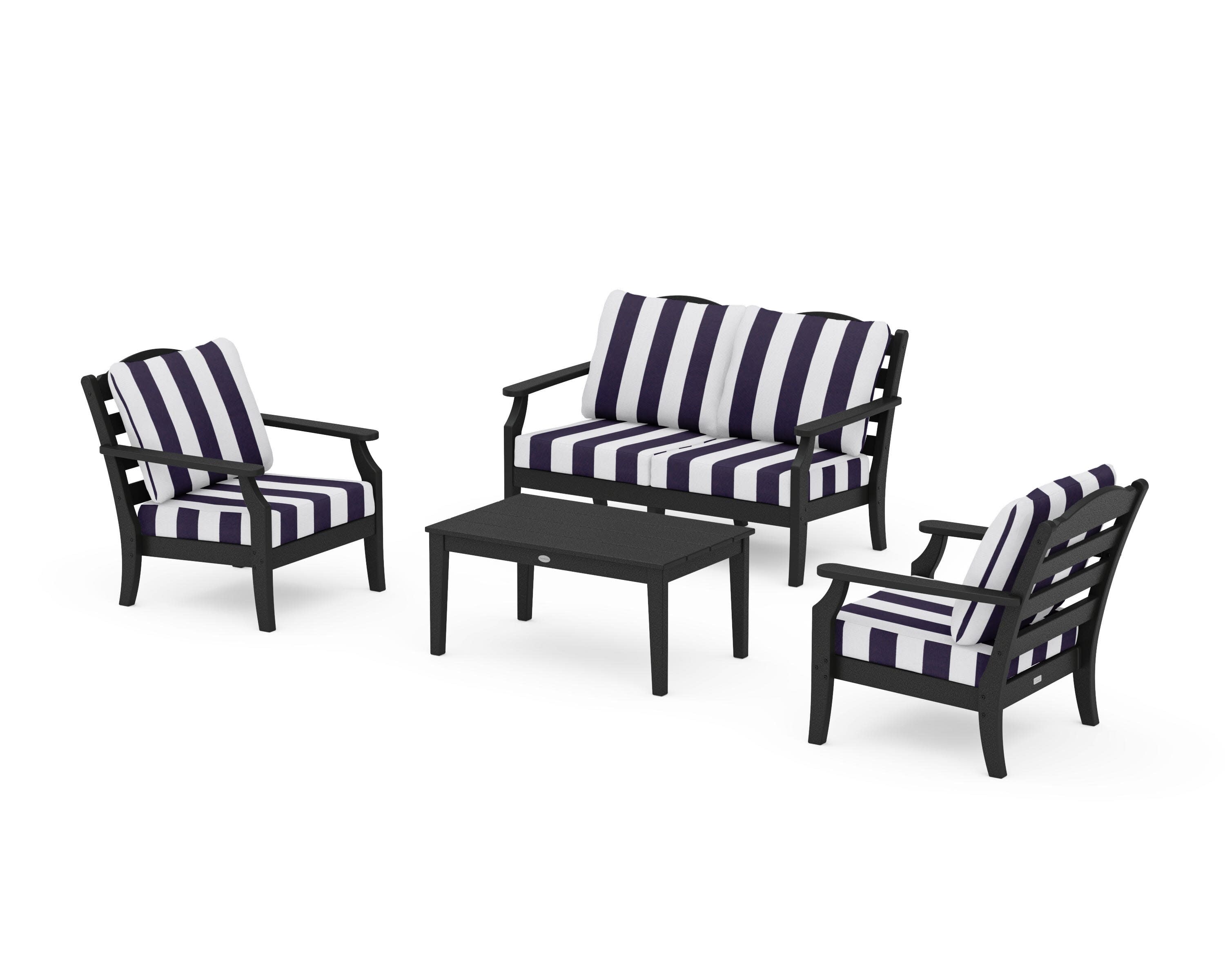 Savannah 4-Piece Deep Seating Set with Loveseat in Black / Cabana Stripe Navy