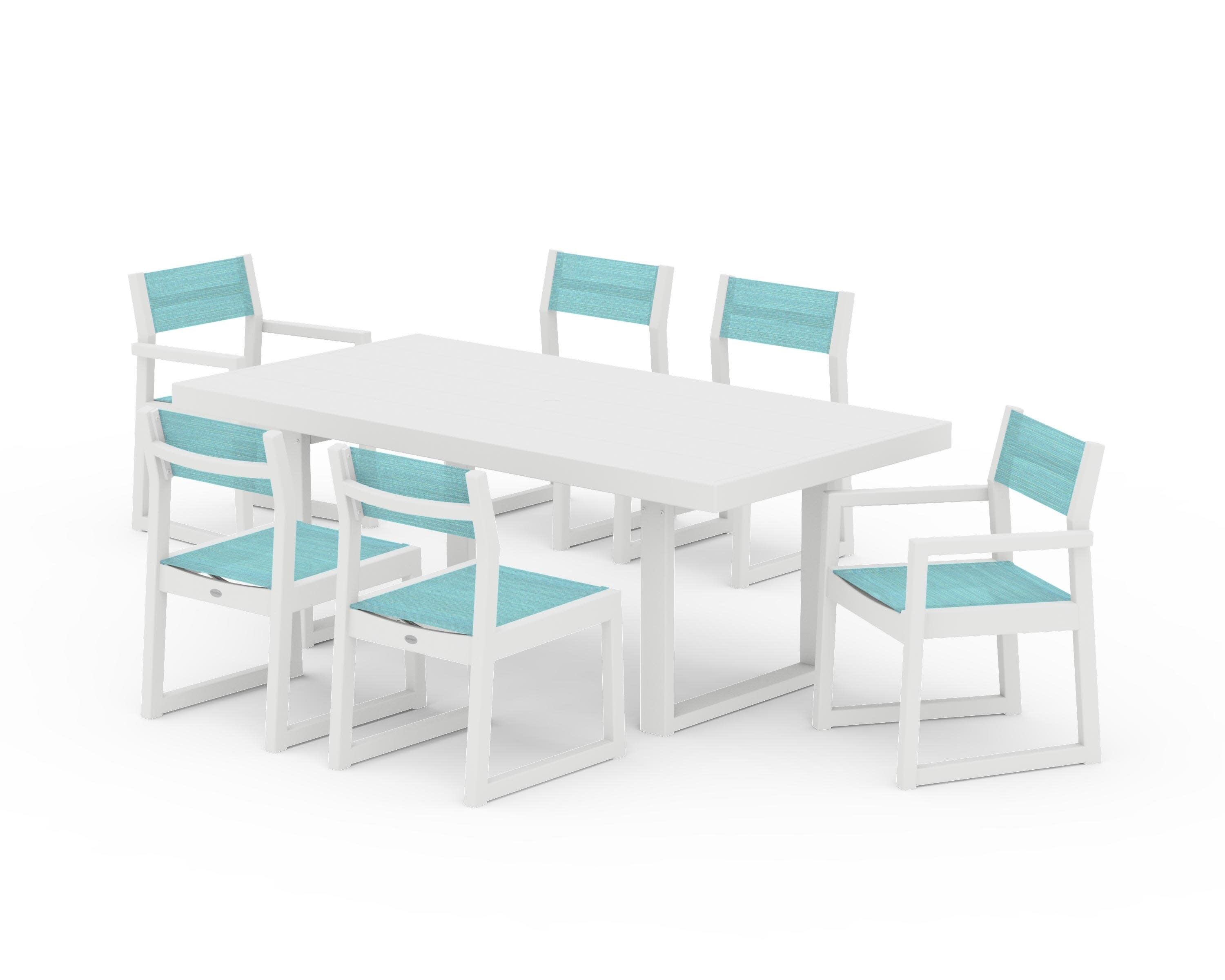 EDGE Sling 7-Piece Dining Set in White / Dupioni Aquamarine Sling