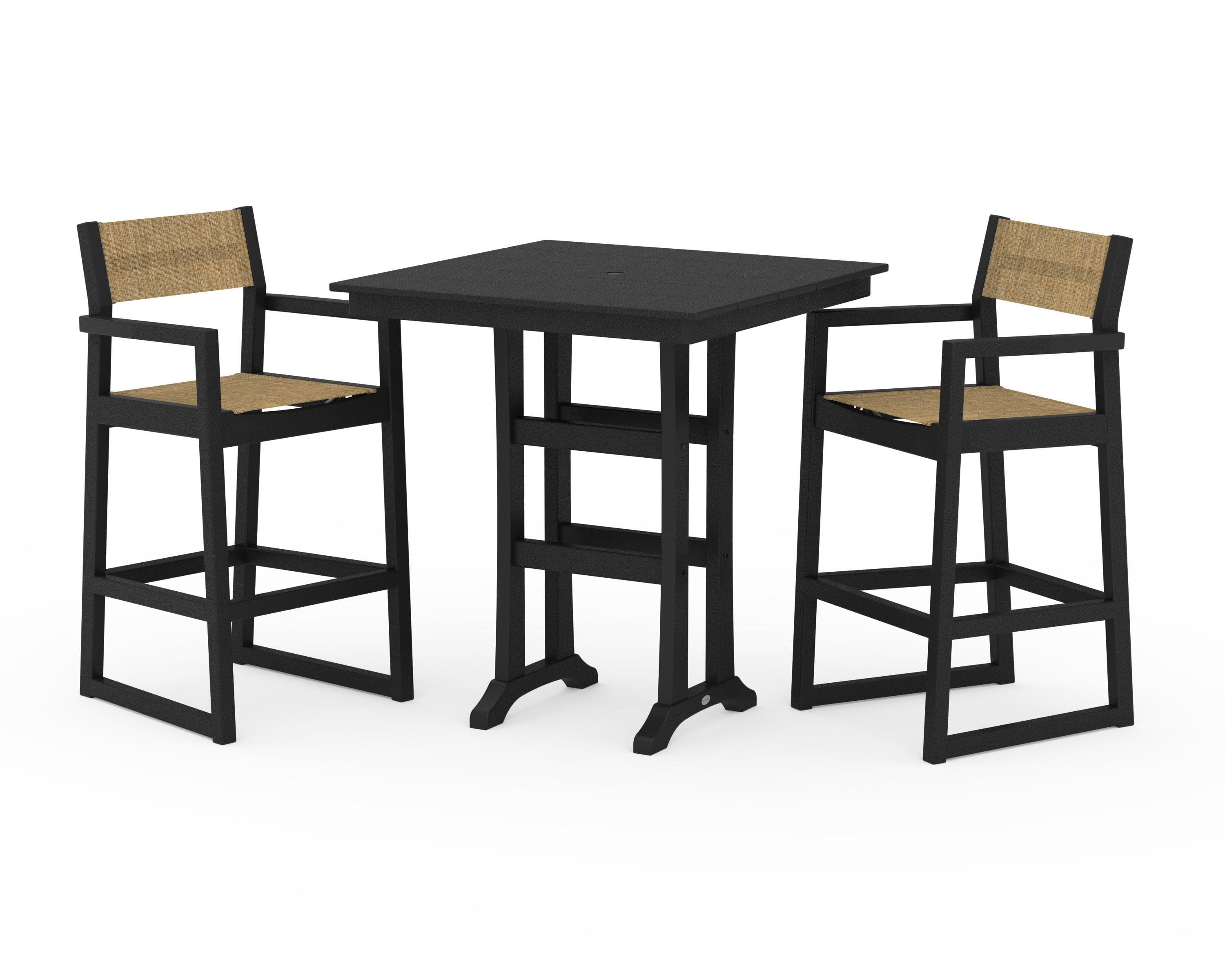 EDGE Sling Arm Chair 3-Piece Farmhouse Bar Set with Trestle Legs in Black / Burlap Sling