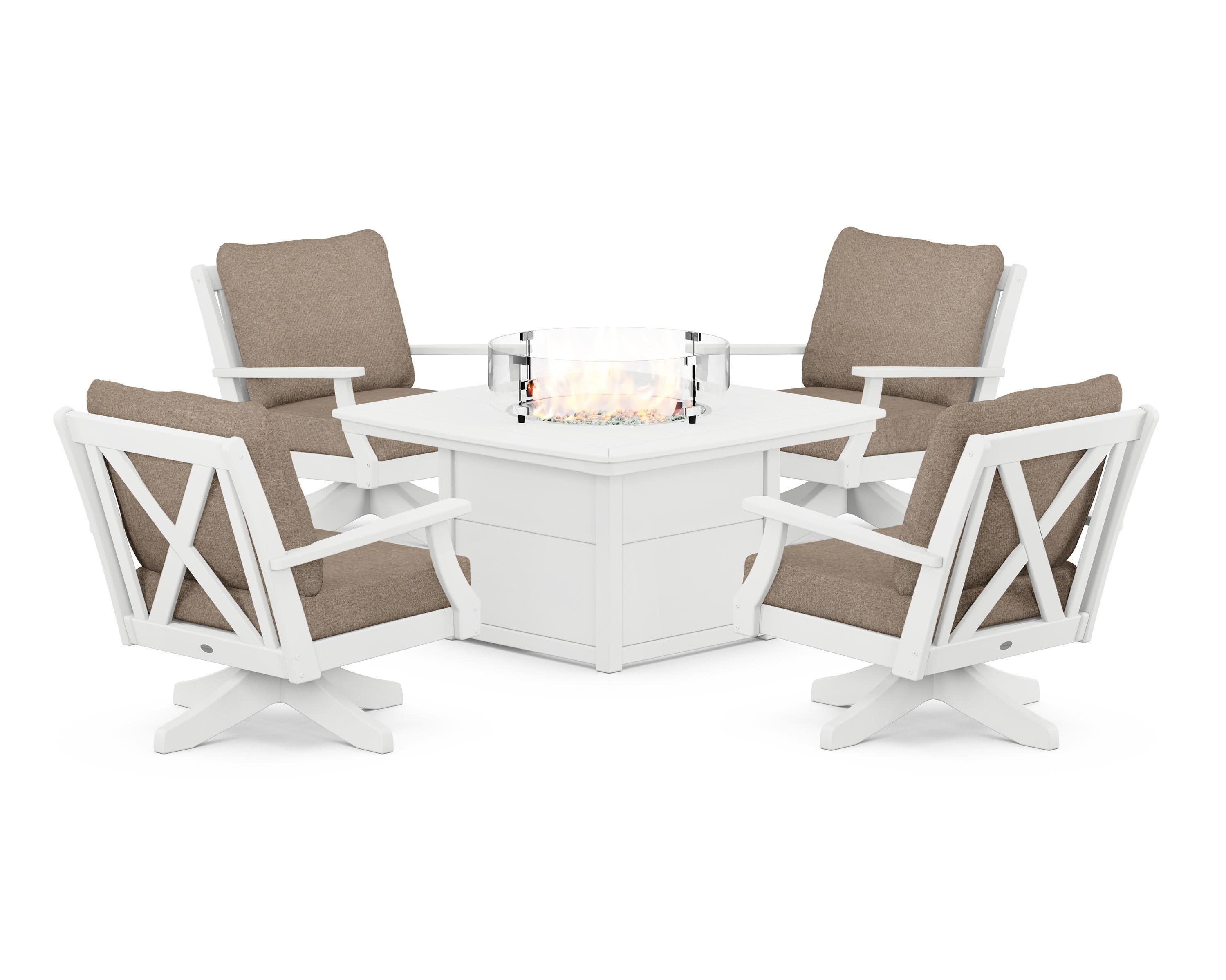 Braxton 5-Piece Deep Seating Swivel Conversation Set with Fire Pit Table in White / Spiced Burlap