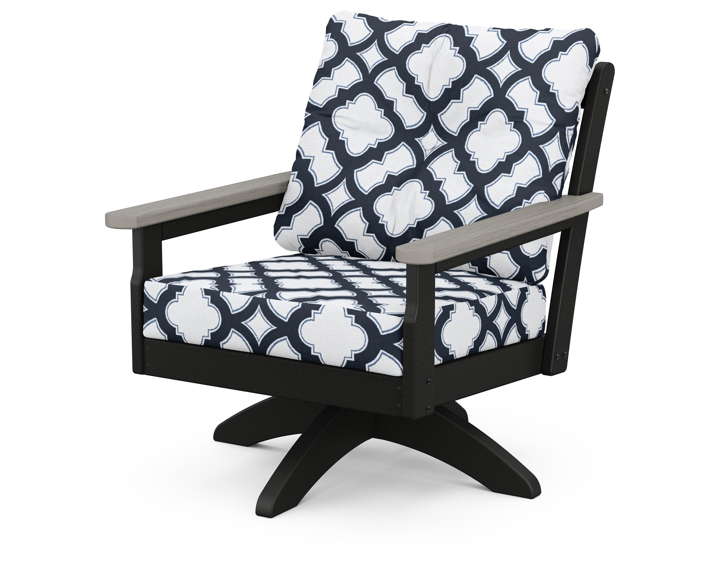 Vineyard Deep Seating Swivel Chair in Black / Driftwood / Trellis Marine Indigo