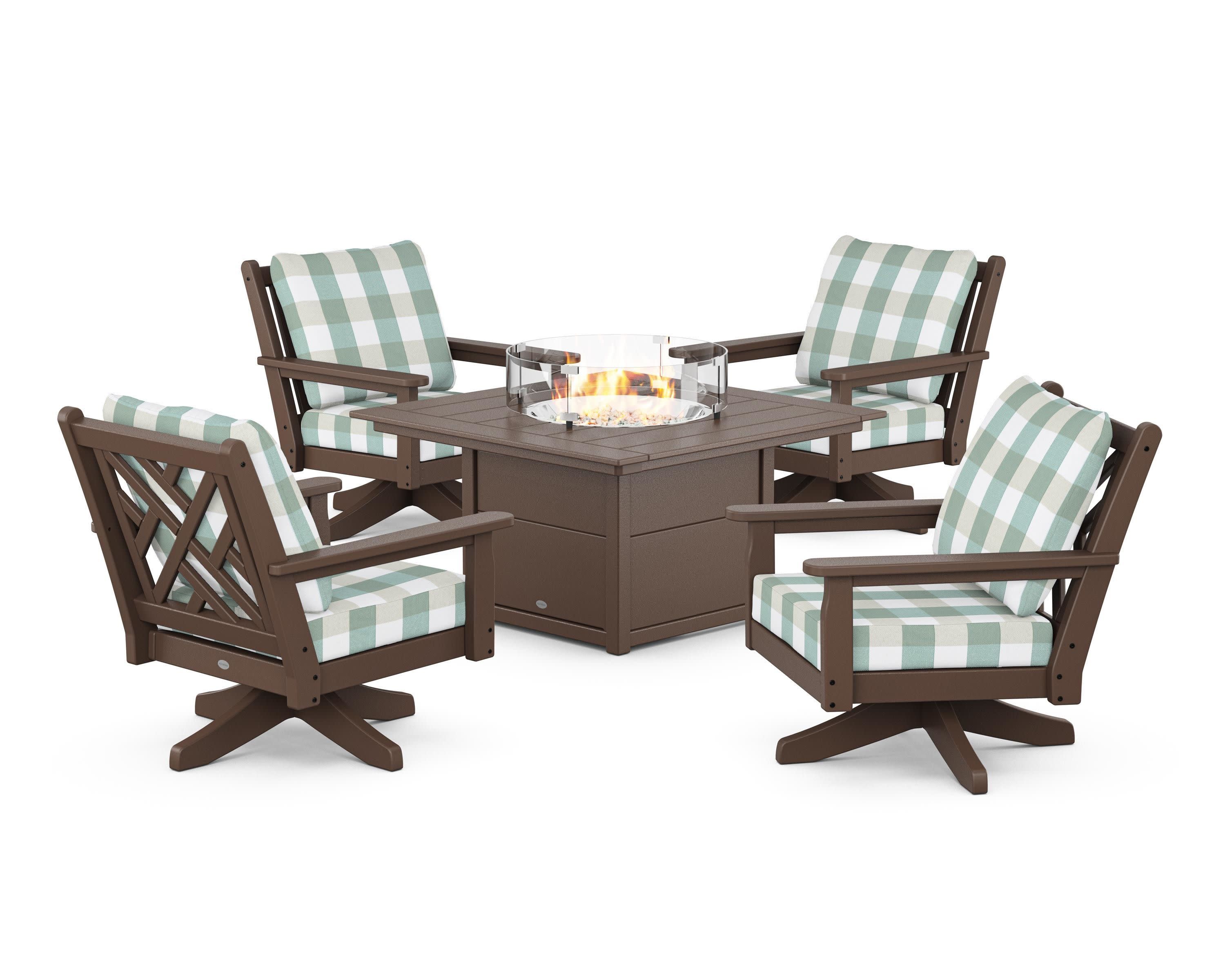 Chippendale 5-Piece Deep Seating Swivel Conversation Set with Fire Pit Table in Mahogany / Buffalo Plaid Glacier Spa