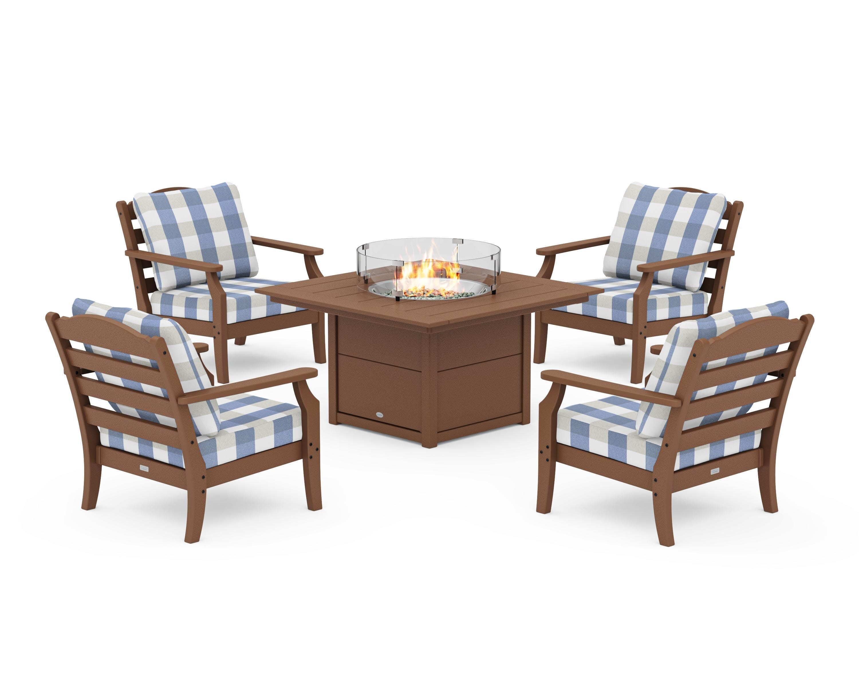 Savannah 5-Piece Deep Seating Set with Fire Pit Table in Teak / Buffalo Plaid Sky Blue
