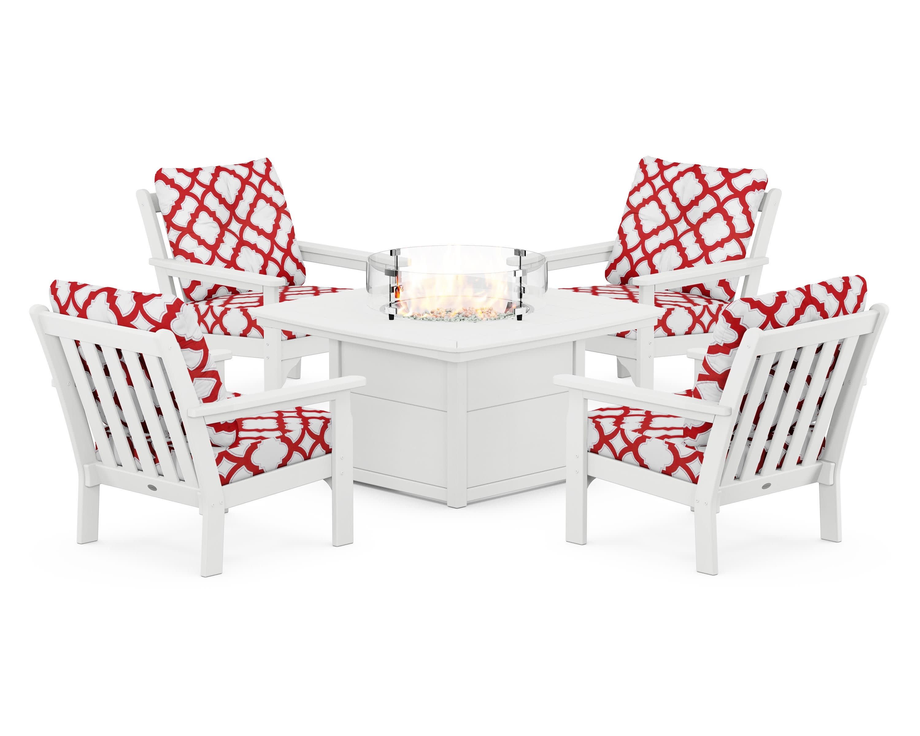 Vineyard 5-Piece Conversation Set with Fire Pit Table in White / Trellis Crimson