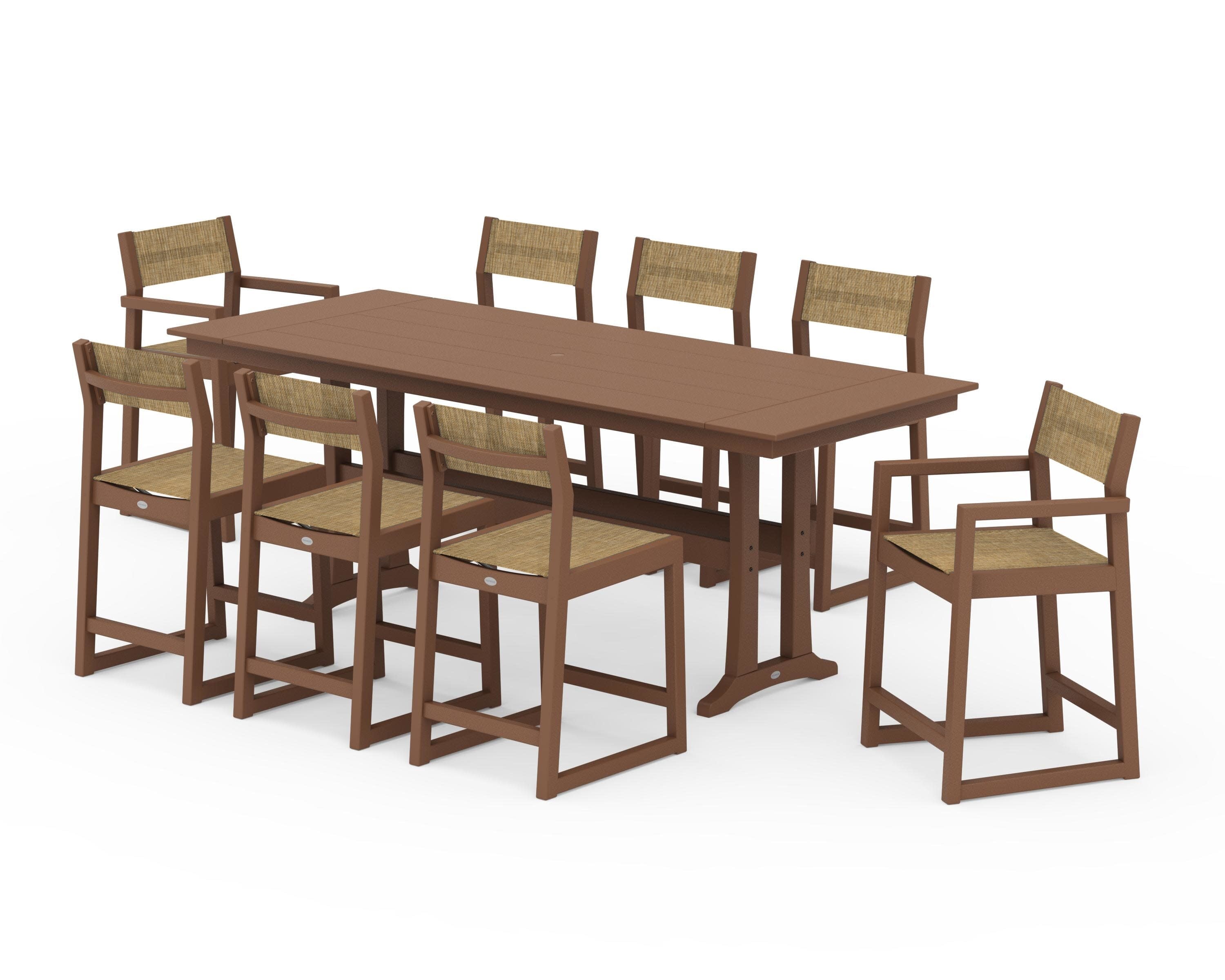 EDGE Sling 9-Piece Farmhouse Counter Set with Trestle Legs in Teak / Burlap Sling