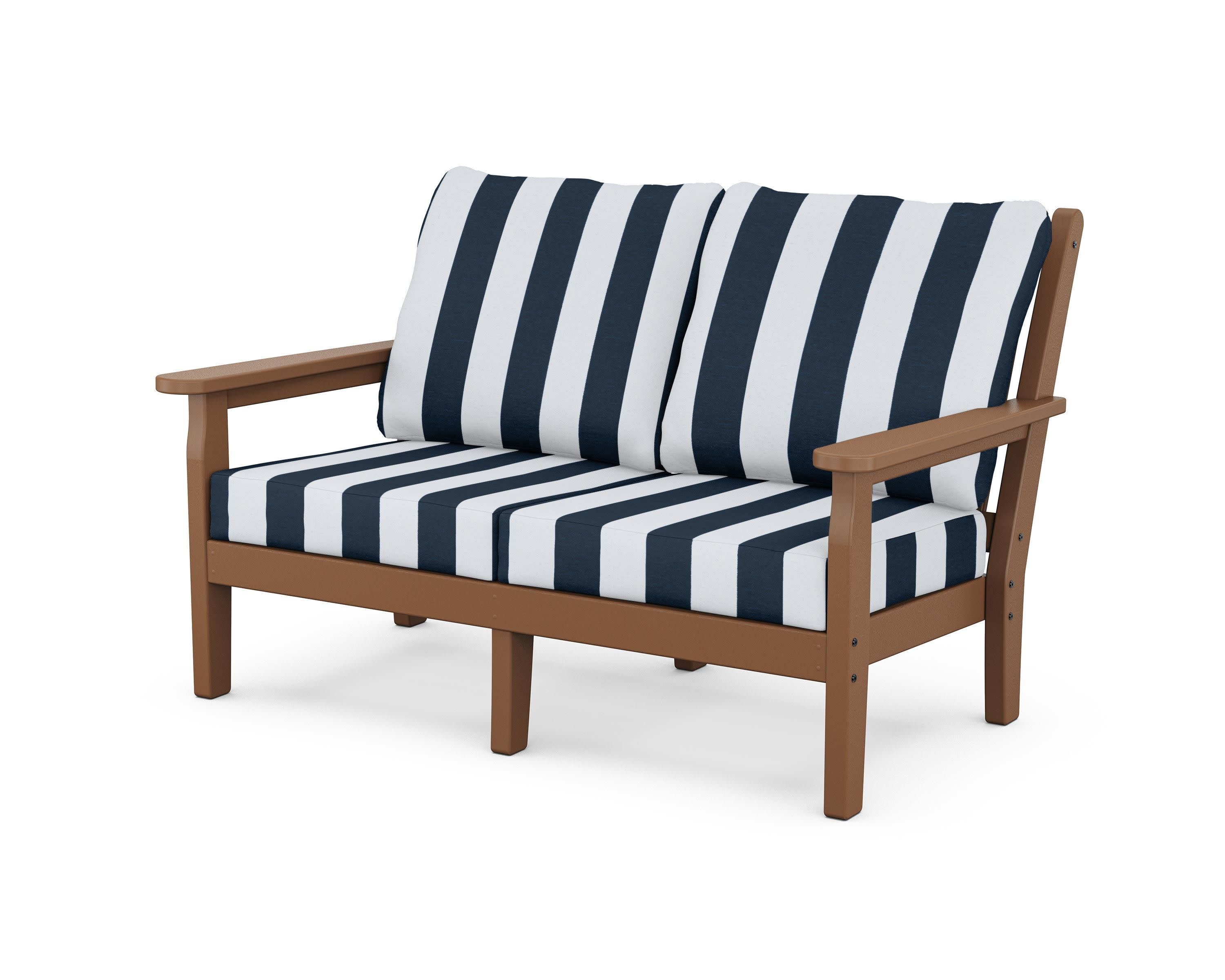 Chippendale Deep Seating Loveseat in Teak / Cabana Stripe Marine Indigo