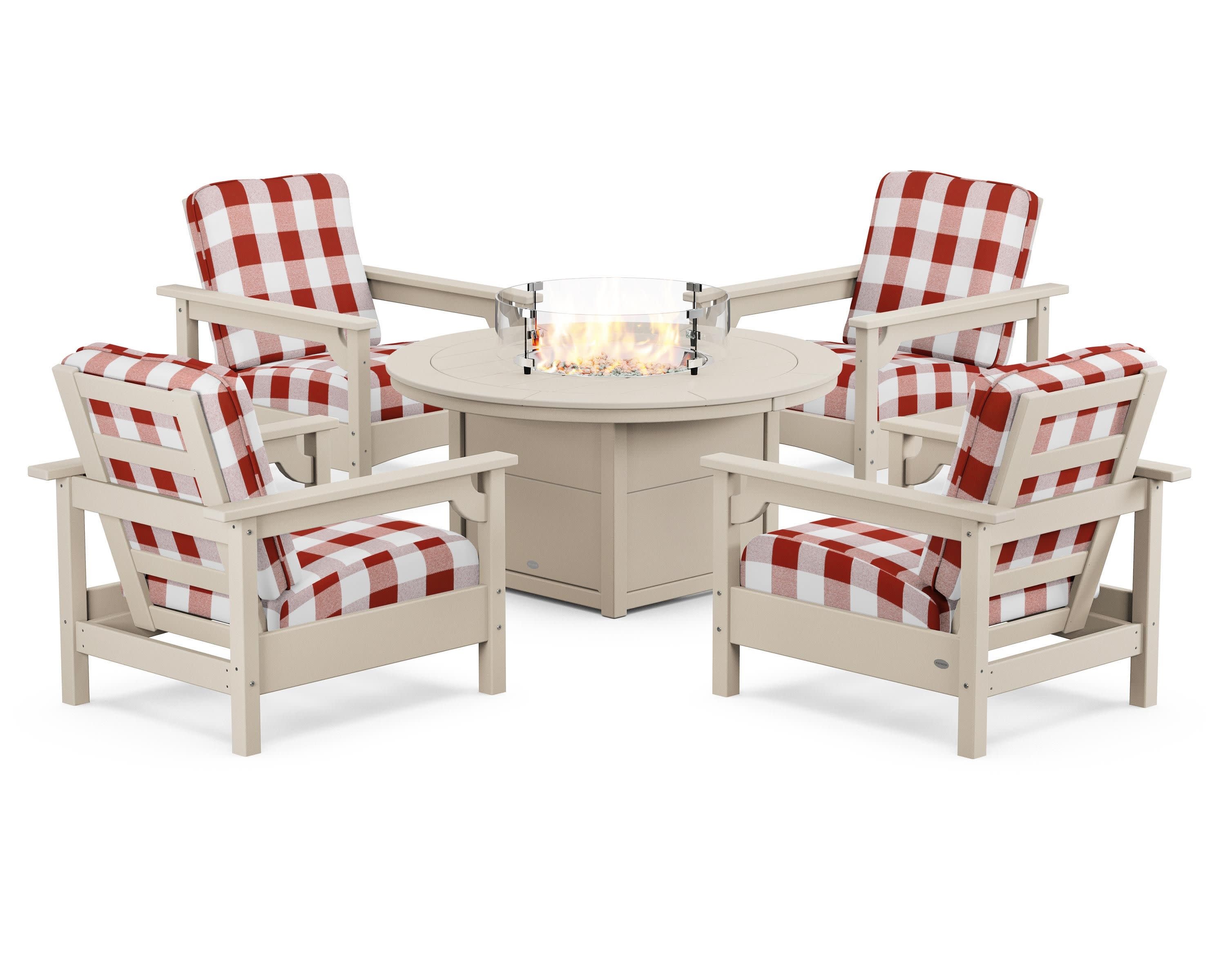 Club 5-Piece Conversation Set with Fire Pit Table in Sand / Buffalo Plaid Crimson