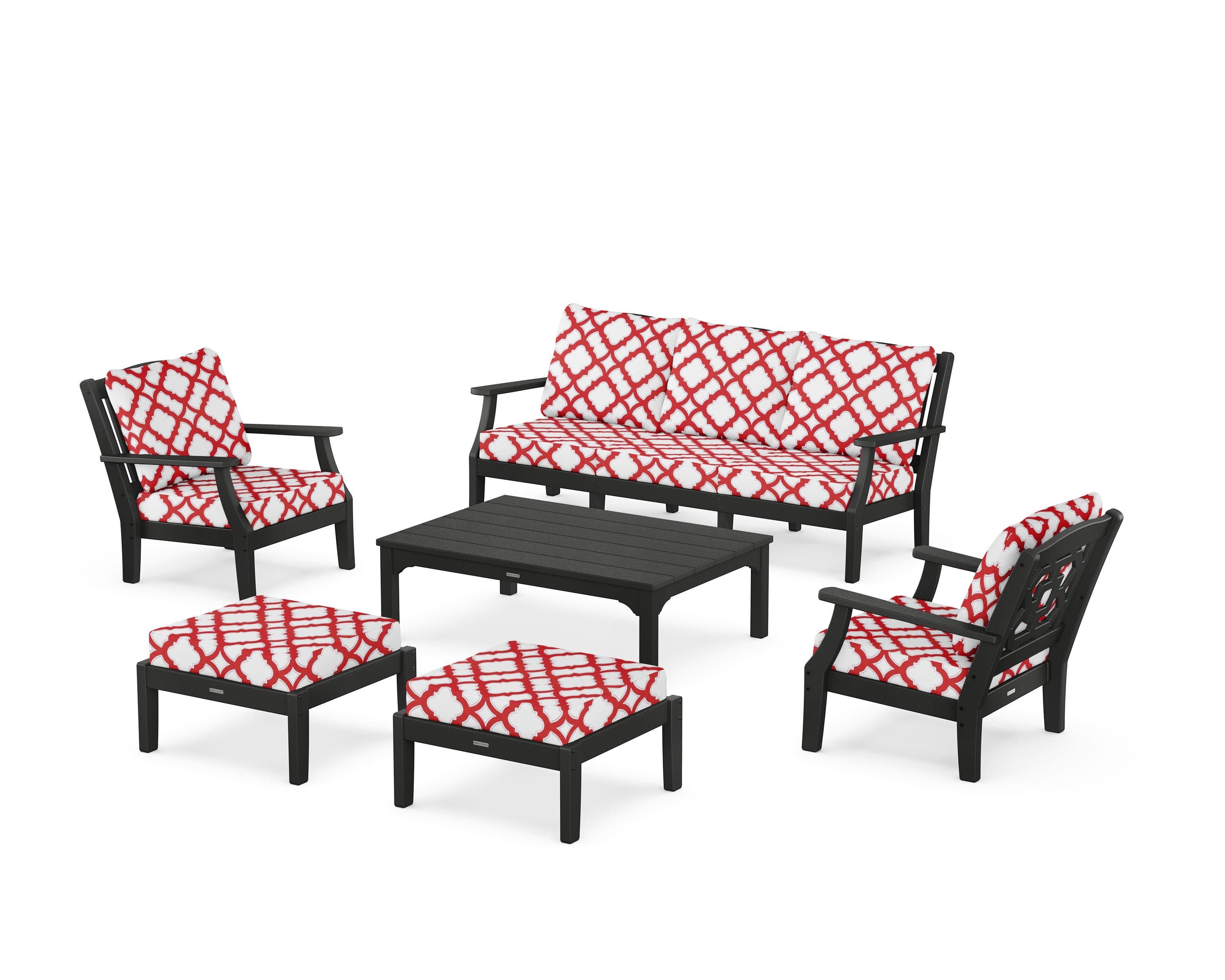 Chinoiserie 6-Piece Lounge Sofa Set in Black / Trellis Crimson