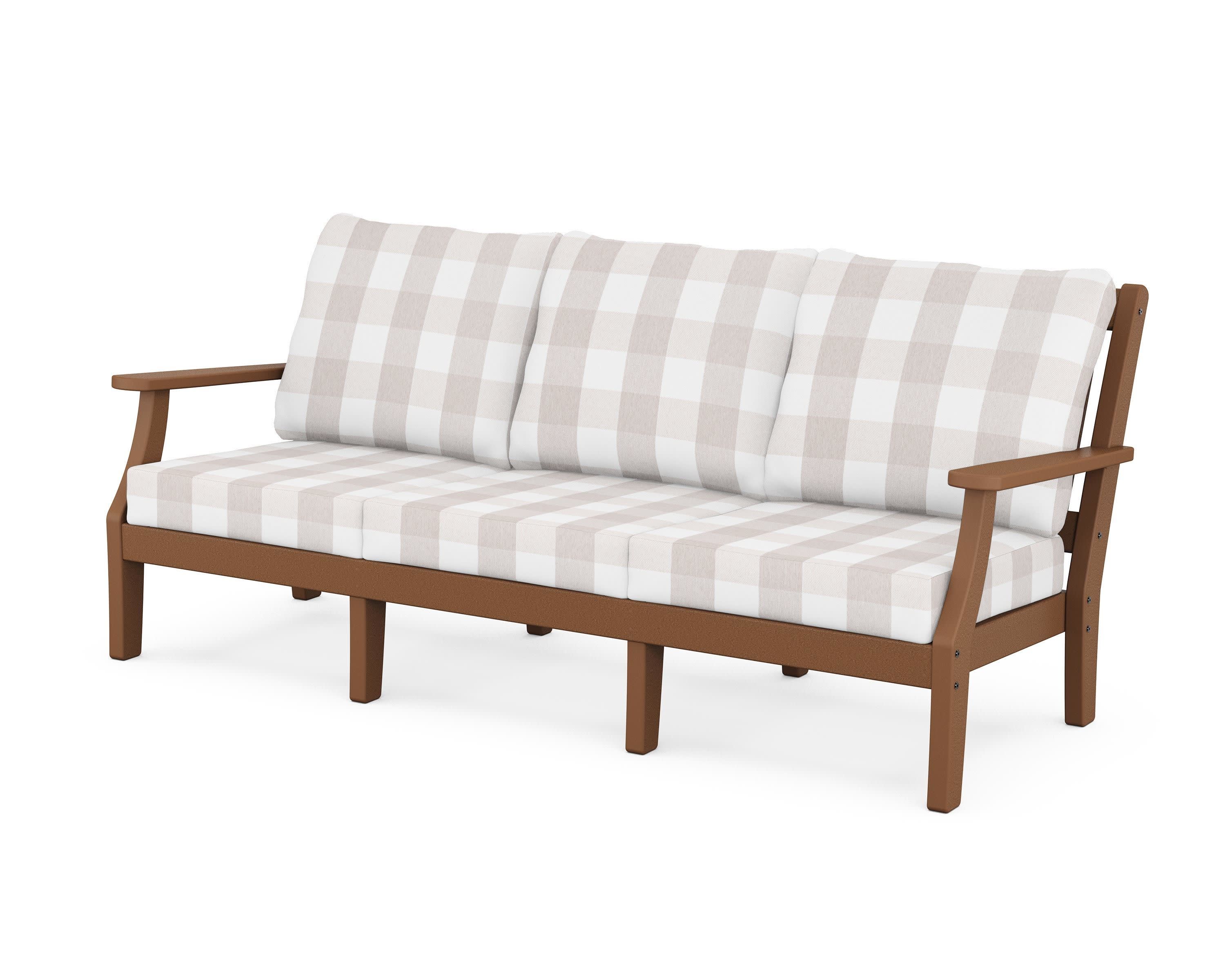 Chinoiserie Deep Seating Sofa in Teak / Buffalo Plaid Dune Burlap