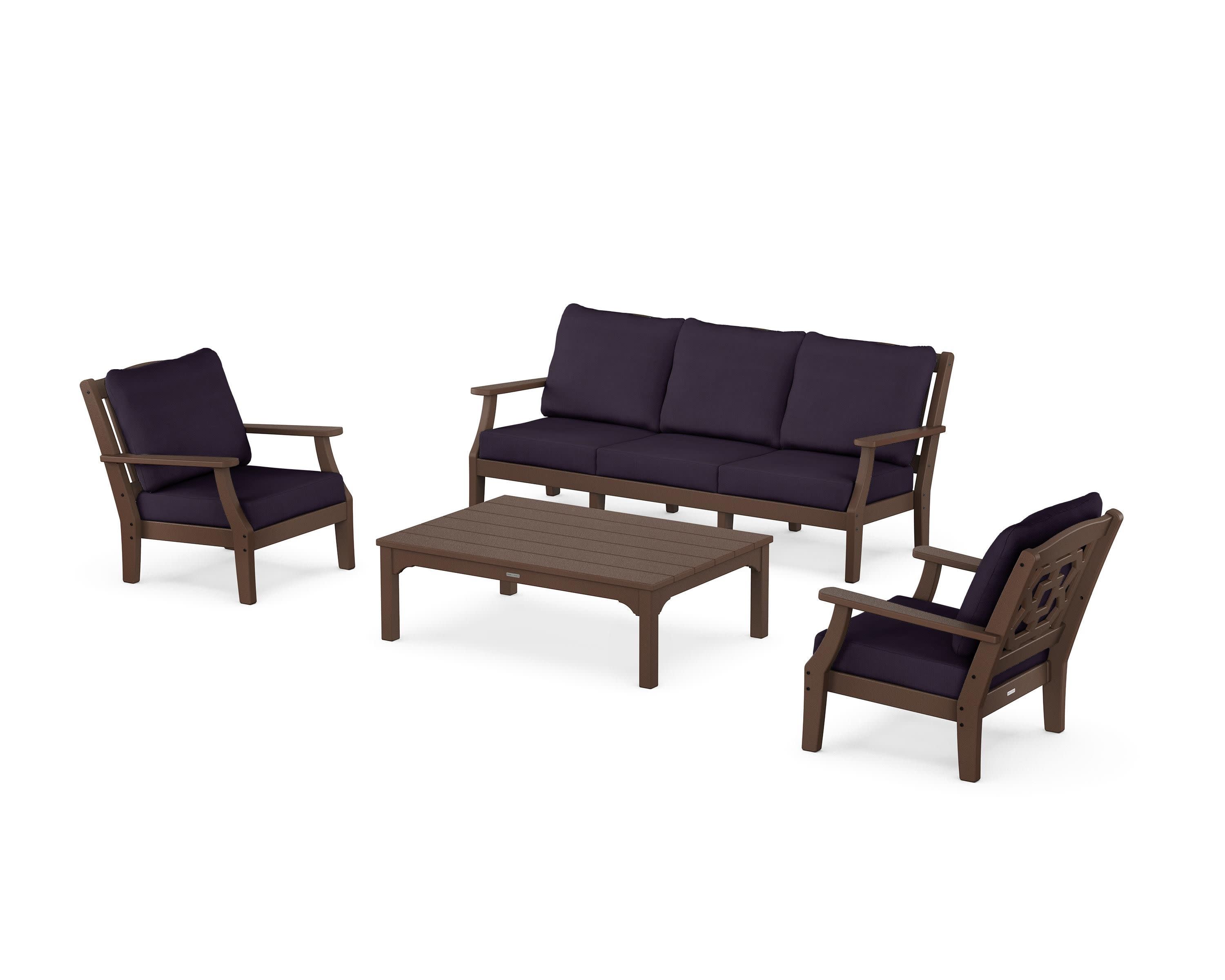 Chinoiserie 4-Piece Deep Seating Set with Sofa in Mahogany / Navy Linen