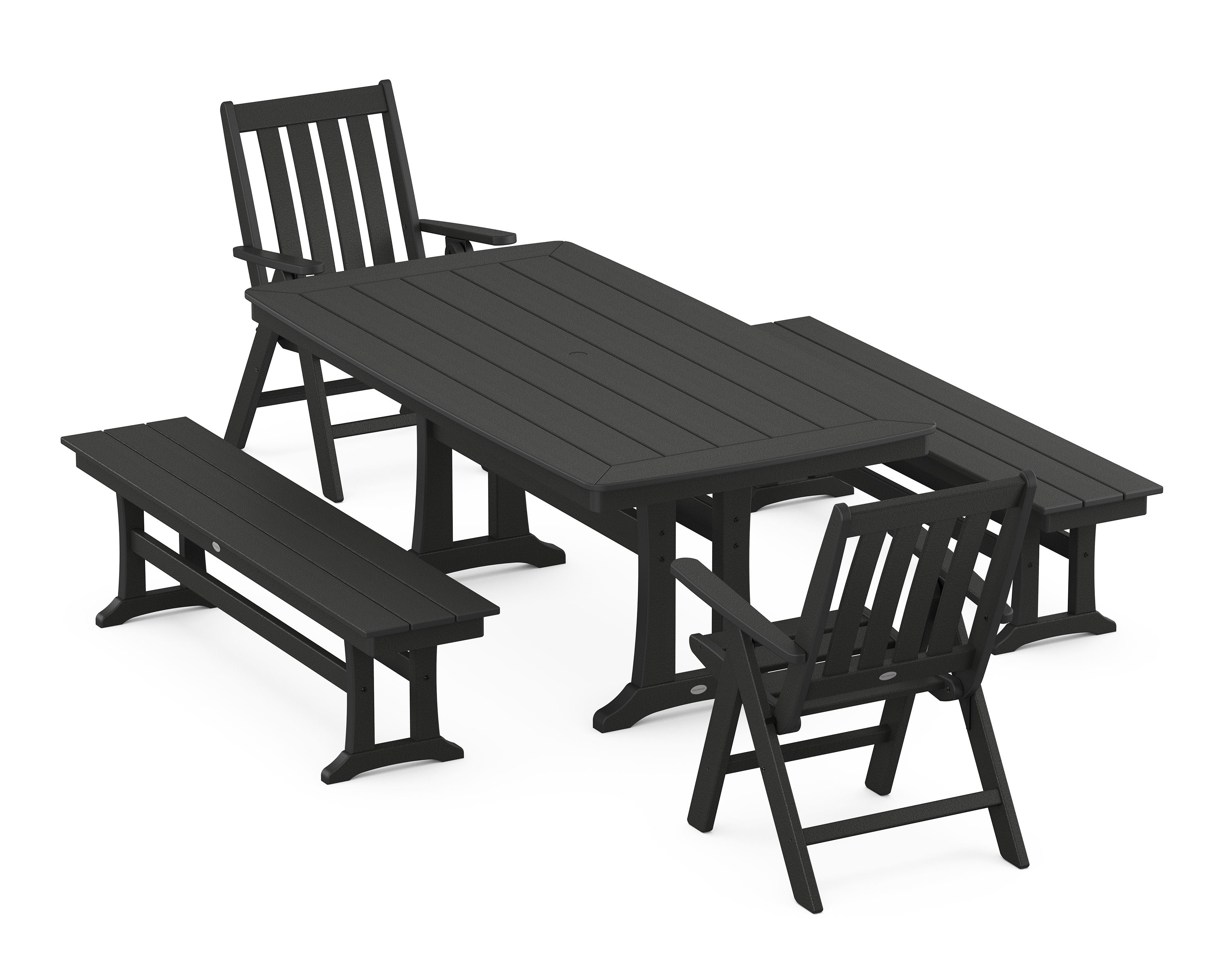 Vineyard Folding Chair 5-Piece Dining Set with Trestle Legs and Benches in Black
