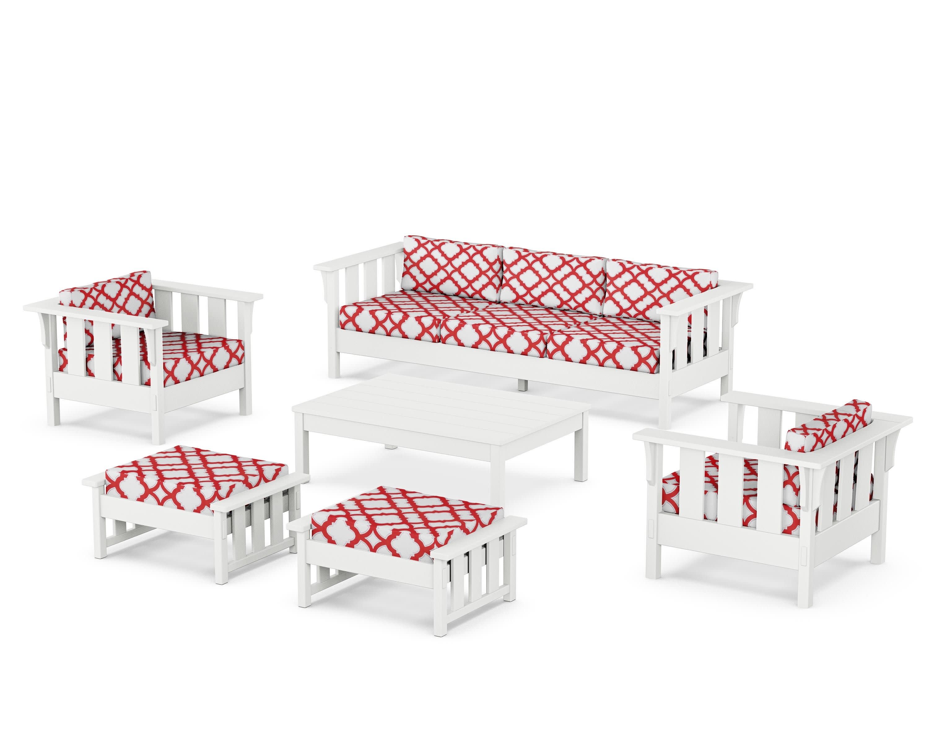 Acadia 6-Piece Lounge Sofa Set in White / Trellis Crimson