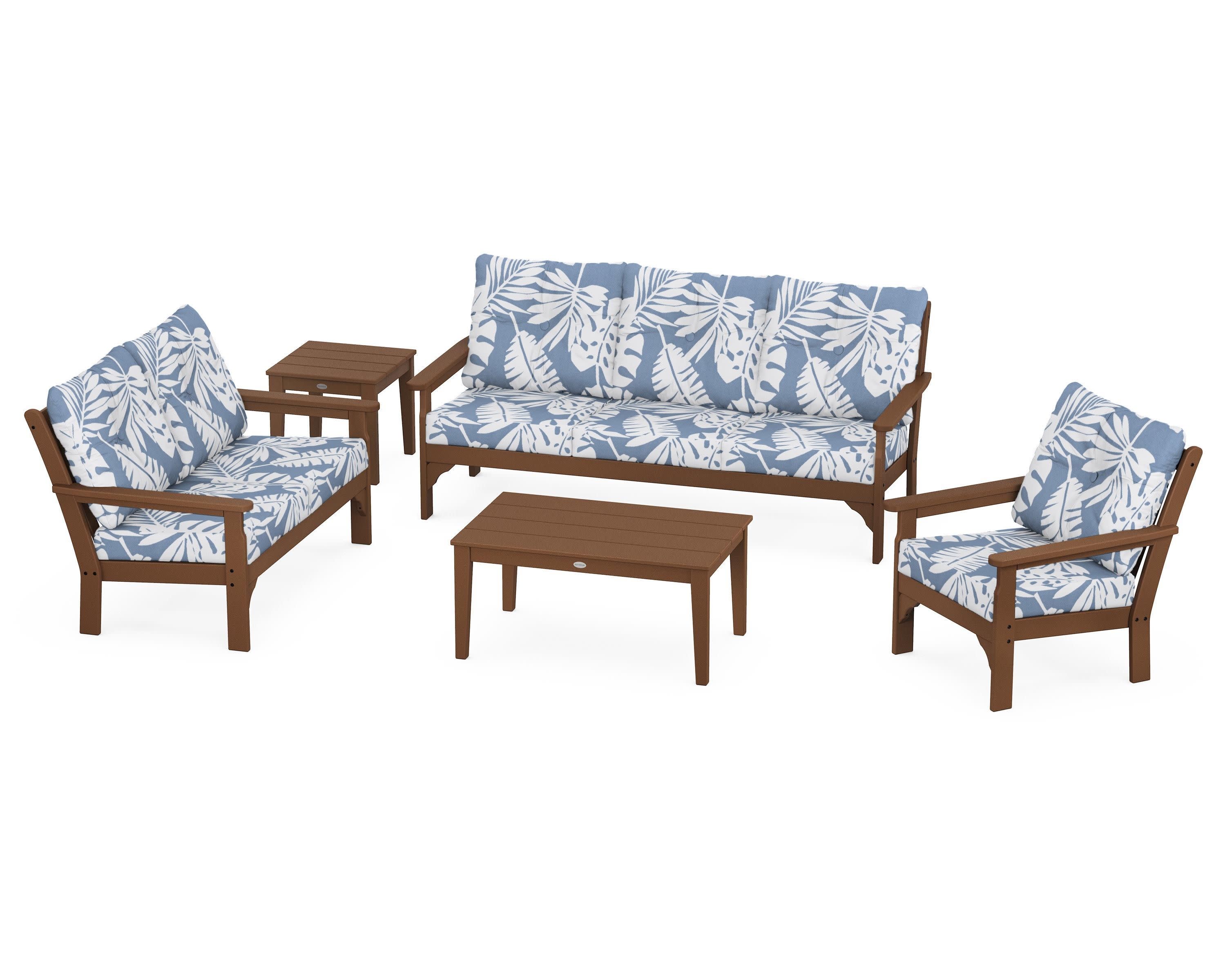 Vineyard 5 Piece Deep Seating Set in Teak / Leaf Sky Blue