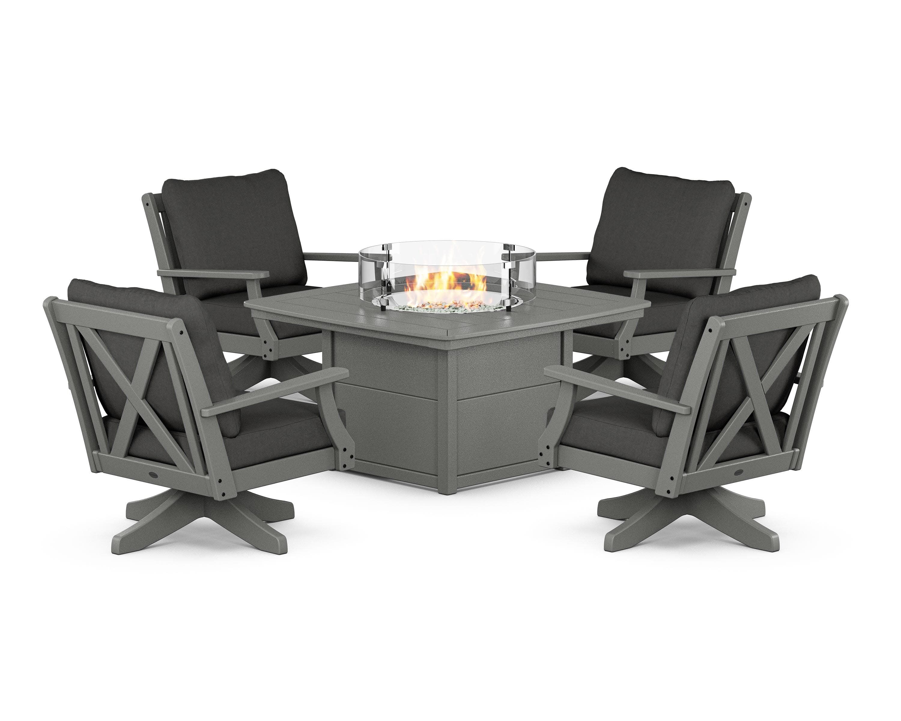 Braxton 5-Piece Deep Seating Swivel Conversation Set with Fire Pit Table in Slate Grey / Spectrum Carbon