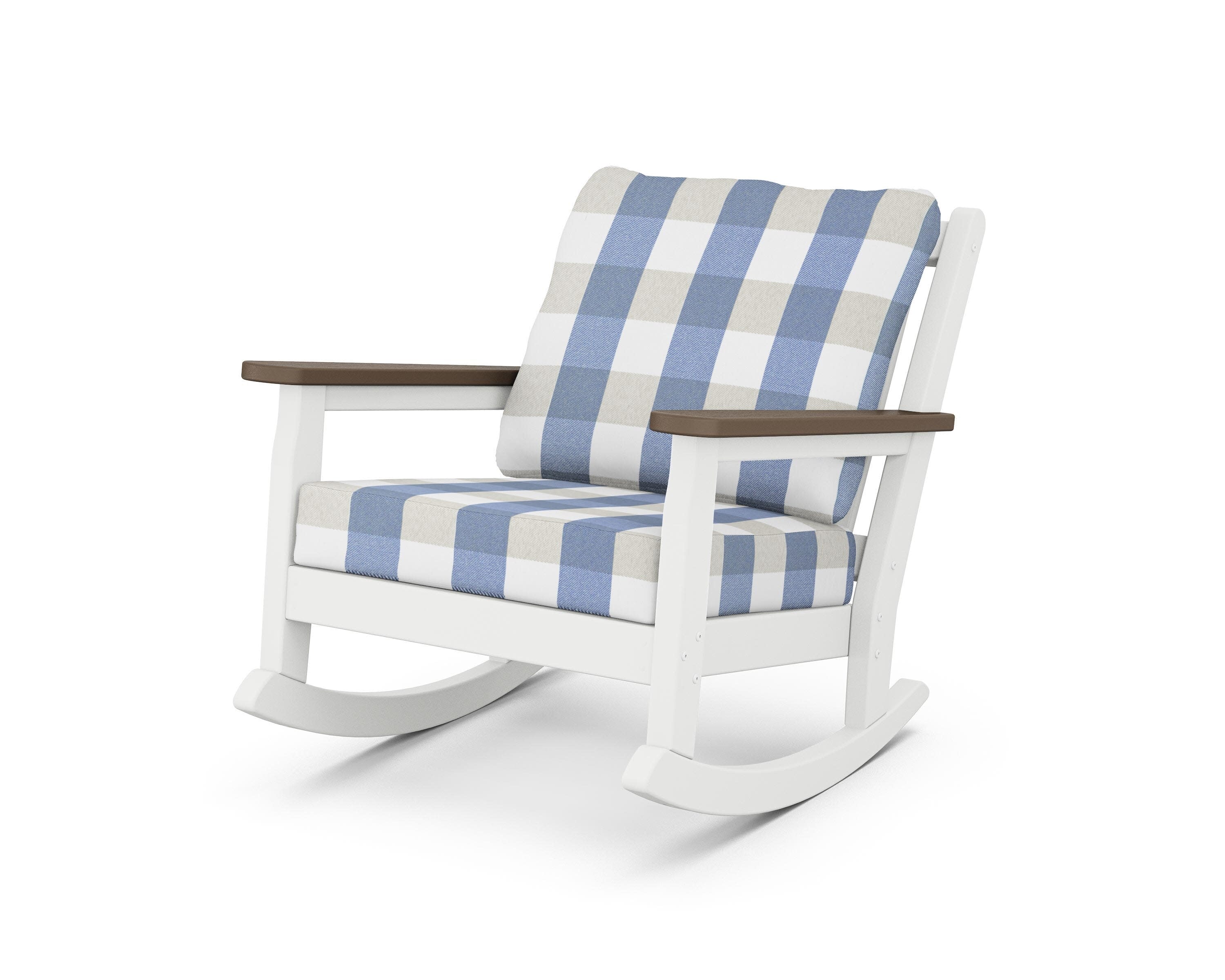 Chippendale Deep Seating Rocking Chair in White / Kona / Buffalo Plaid Sky Blue