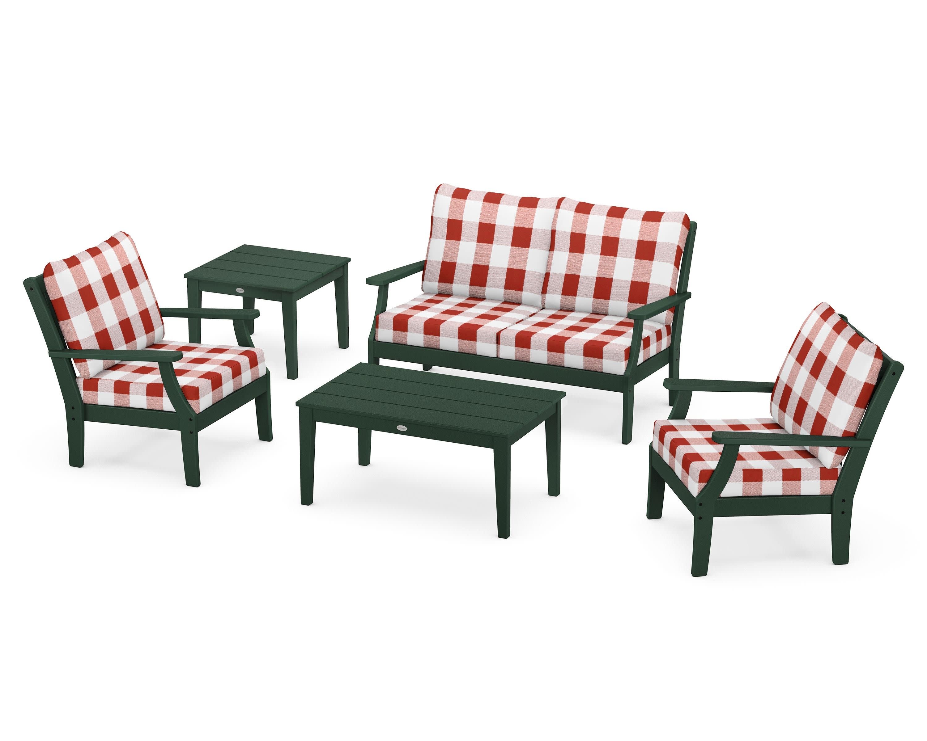 Braxton 5-Piece Deep Seating Set in Green / Buffalo Plaid Crimson