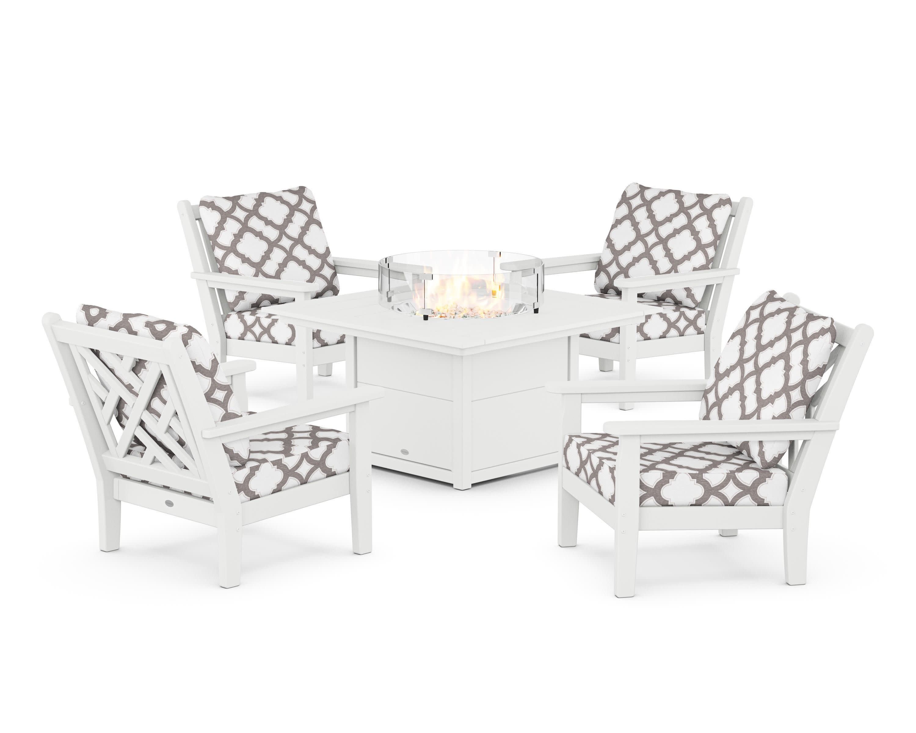 Chippendale 5-Piece Deep Seating Set with Fire Pit Table in White / Trellis Grey Mist