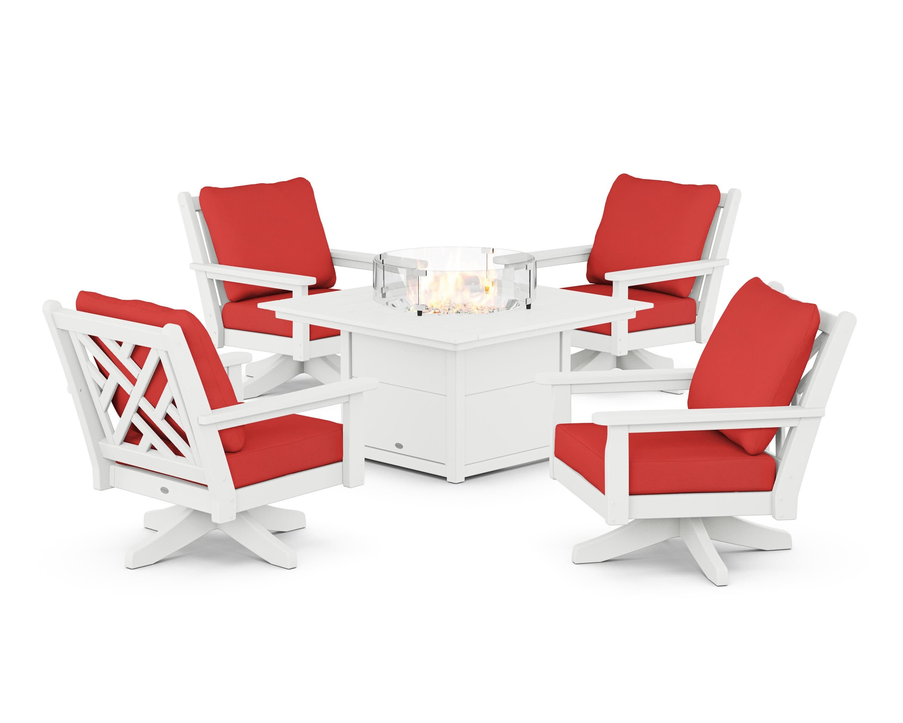 Chippendale 5-Piece Deep Seating Swivel Conversation Set with Fire Pit Table in White / Crimson Linen