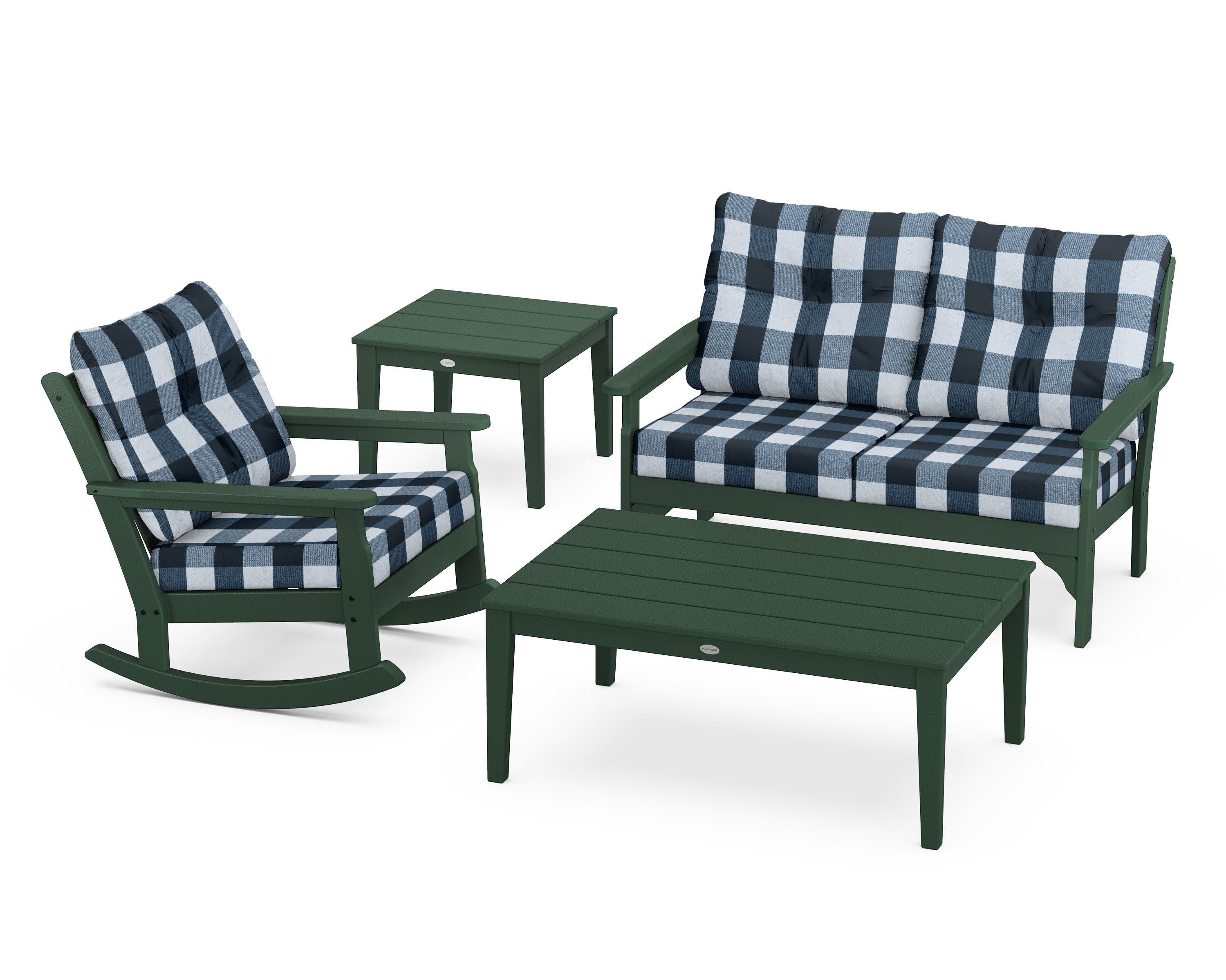 Vineyard 4-Piece Deep Seating Rocker Set in Green / Buffalo Plaid Marine Indigo